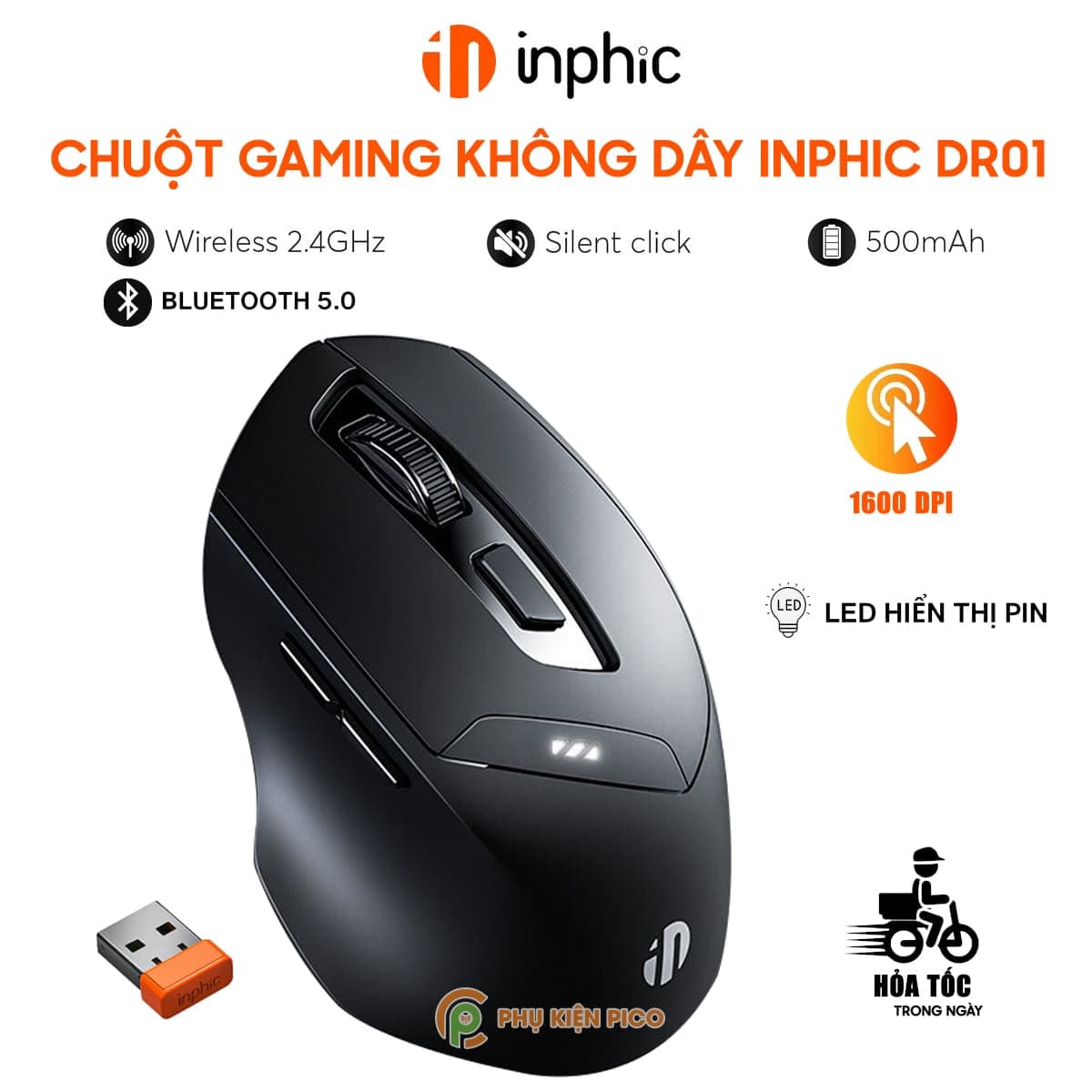 Chuột không dây Bluetooth gaming Inphic DR01 Silent click 1600 DPI sạc pin giá rẻ