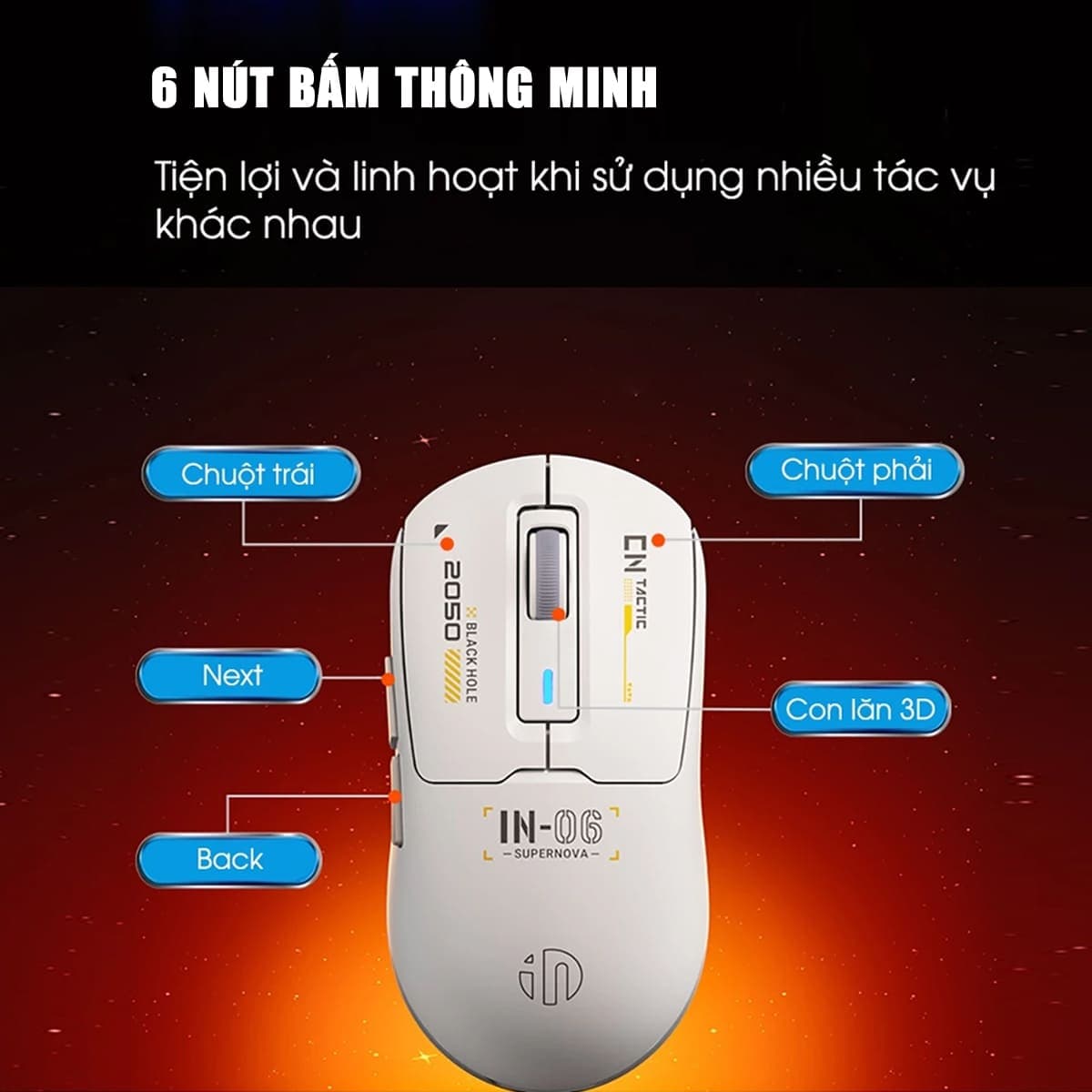 Chuột không dây Bluetooth Gaming Inphic IN6 3 chế độ kết nối pin sạc có App tùy chỉnh 26.000 DPI Led RGB - 10