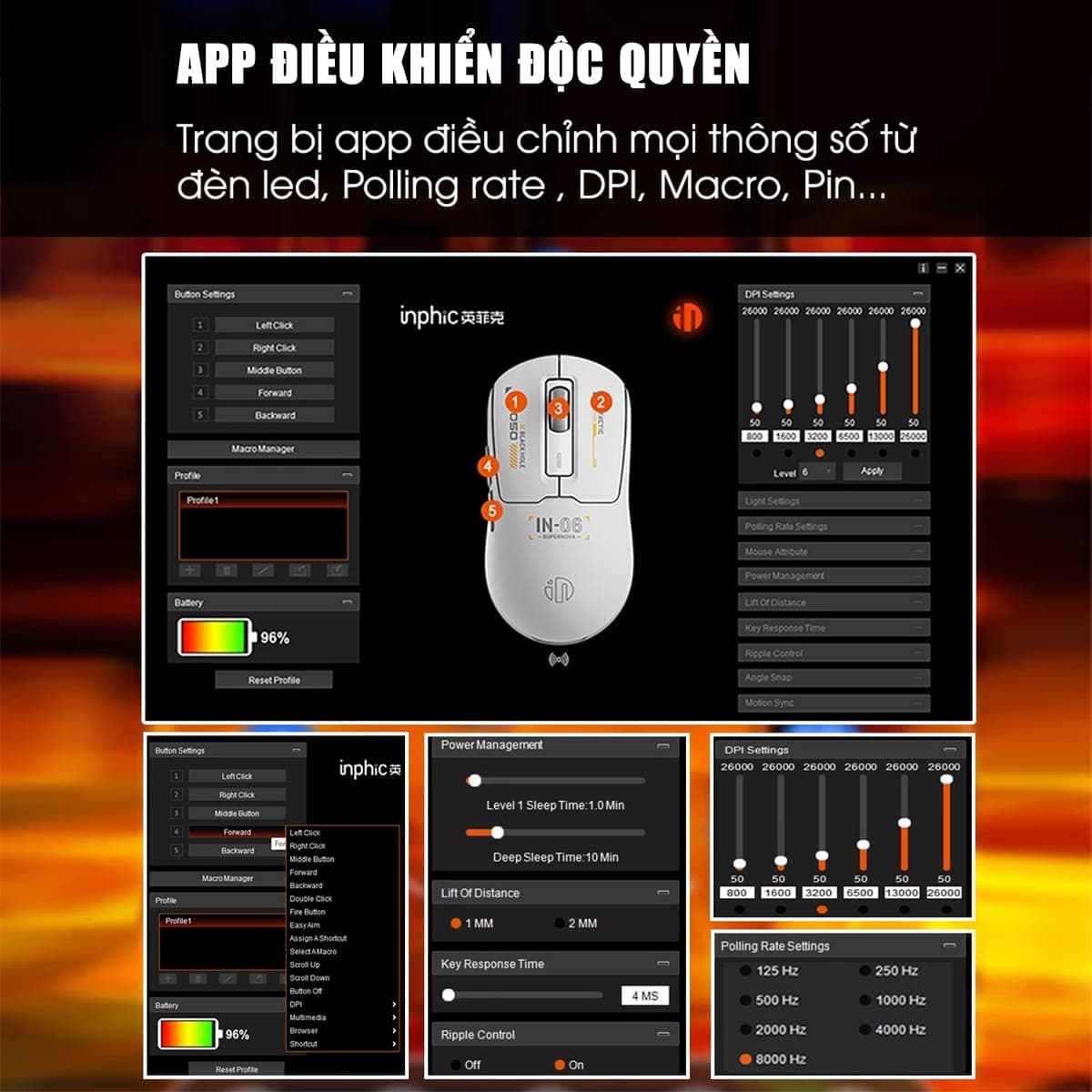 Chuột không dây Bluetooth Gaming Inphic IN6 3 chế độ kết nối pin sạc có App tùy chỉnh 26.000 DPI Led RGB - 8