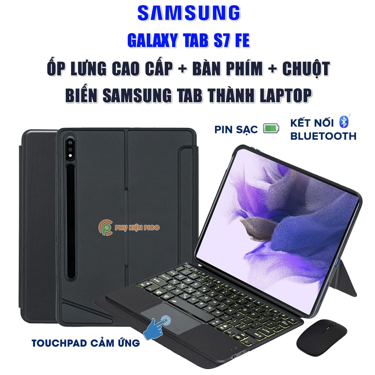 Ốp lưng Samsung Galaxy Tab S7 FE bao da cao cấp kèm bàn phím chuột cảm ứng 720 độ tách rời linh hoạt