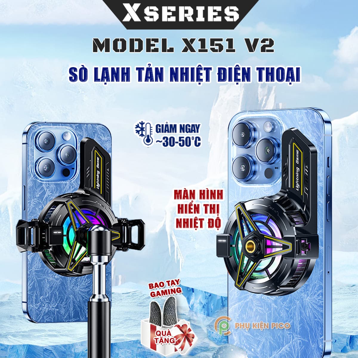 Quạt tản nhiệt điện thoại máy tính bảng X151 V2 sò lạnh từ tính led RGB hiển thị nhiệt độ hỗ trợ Livestream