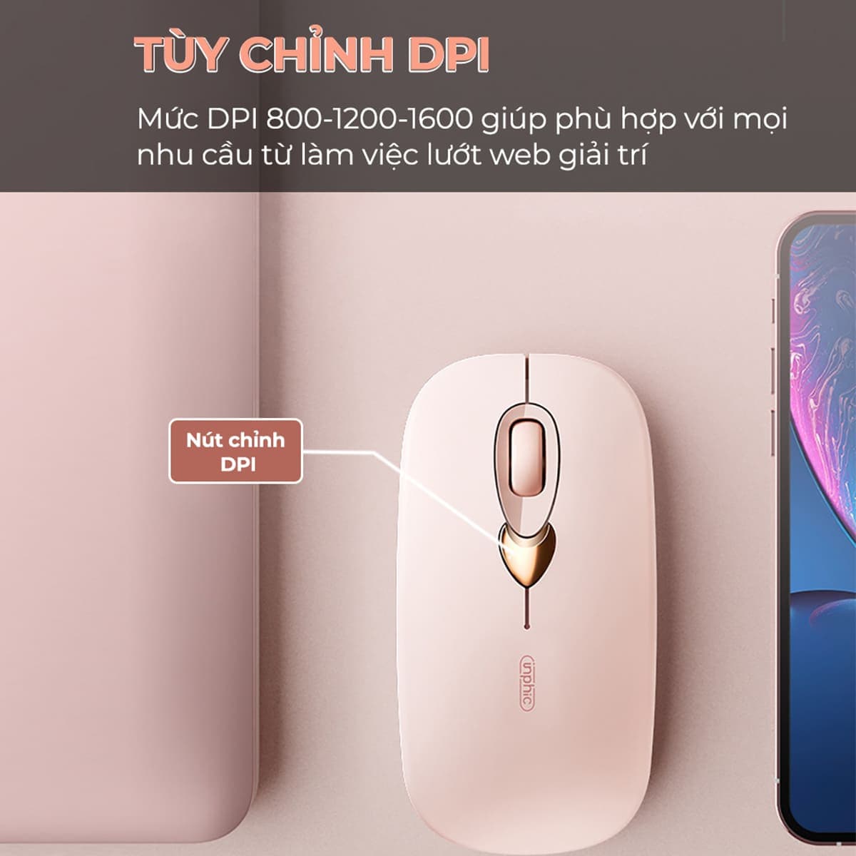 Chuột Bluetooth không dây Gaming Inphic Q8 - Sạc Pin, Màu Trà Sữa Đẹp, Giá Rẻ Cho PC Laptop - 9