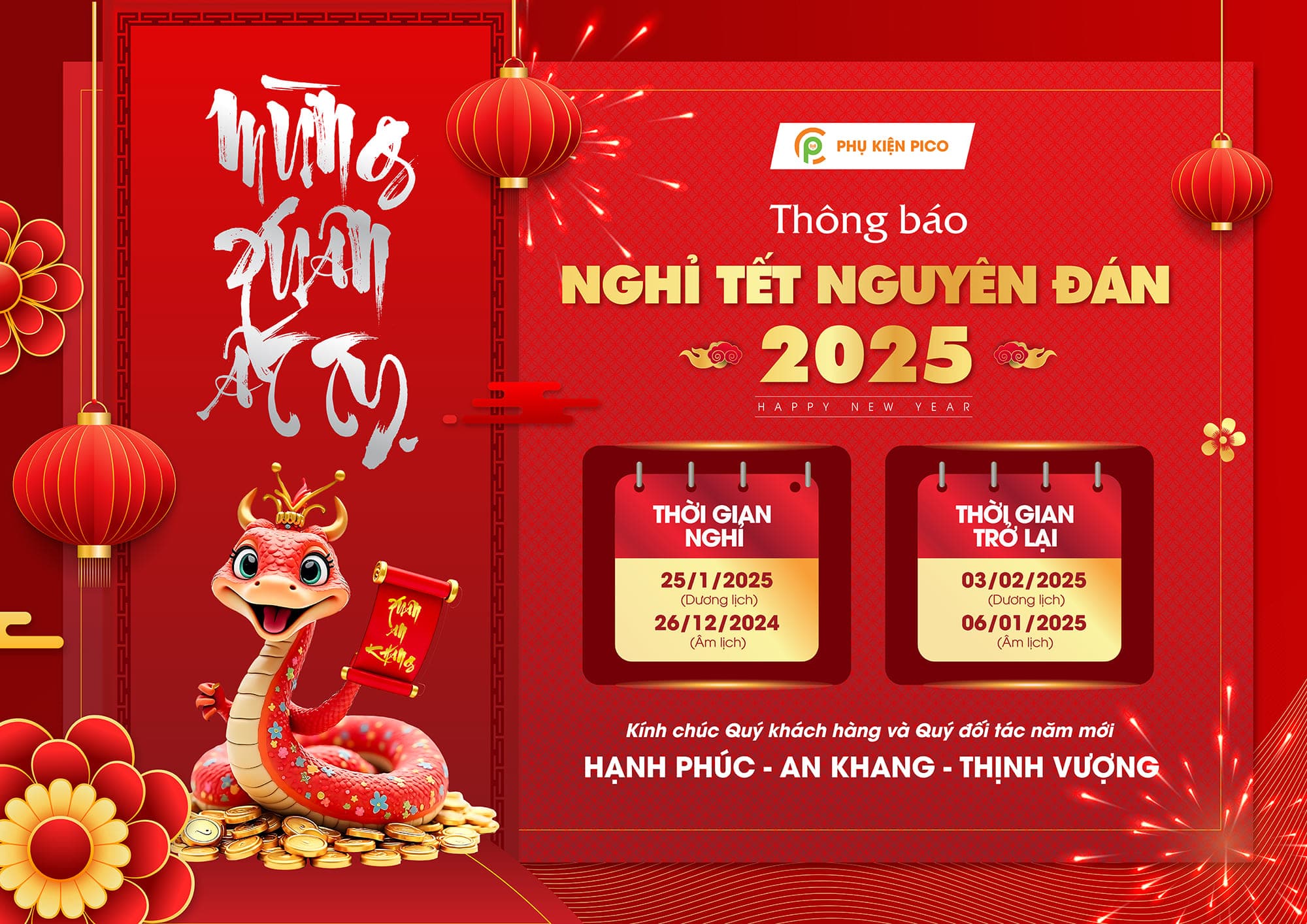 Phụ kiện Pico Thông báo lịch nghỉ tết nguyên đán Ất Tỵ 2025