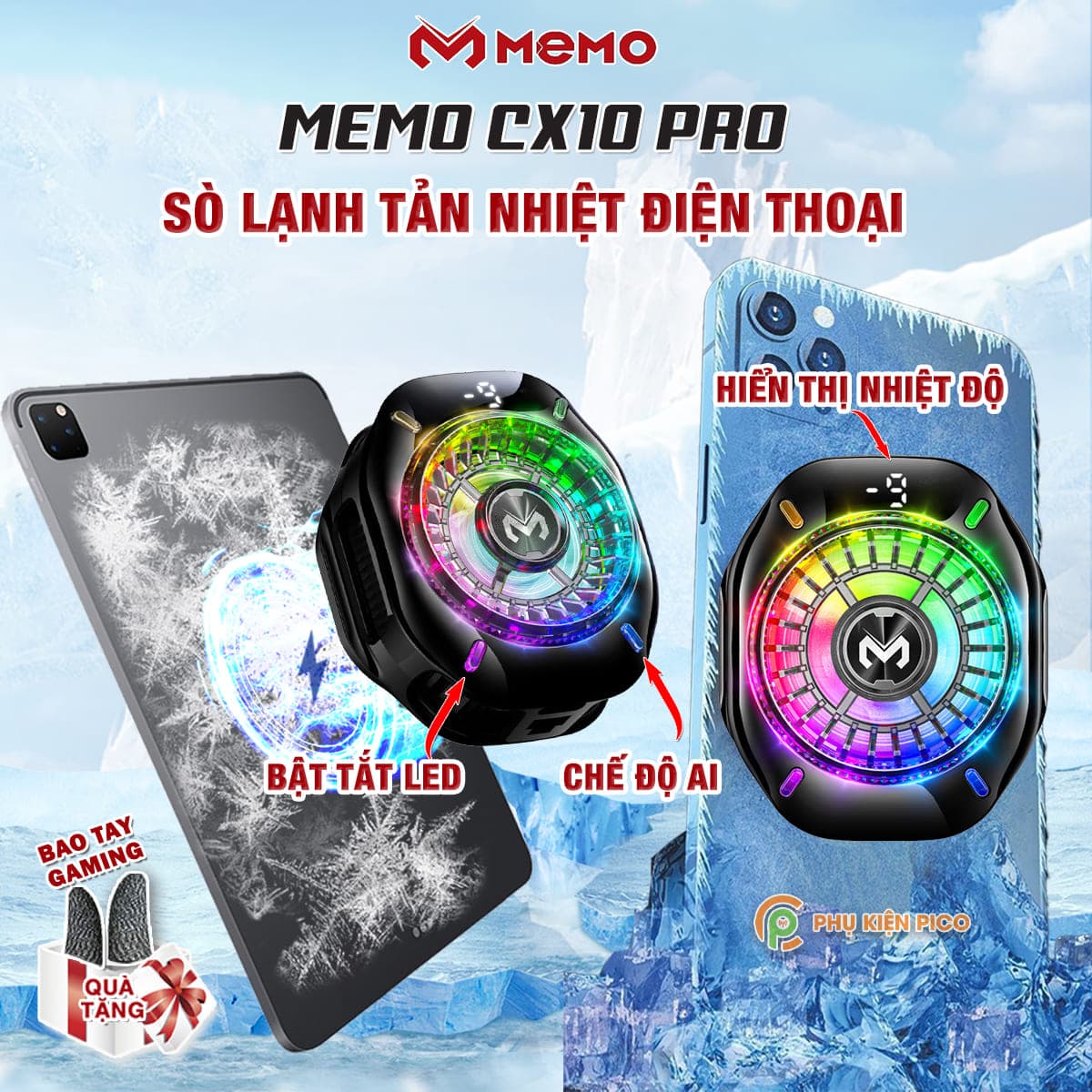 Quạt tản nhiệt điện thoại Memo CX10 Pro AI RGB sò lạnh AI từ tính Led RGB Gaming thế hệ mới đóng băng full mặt