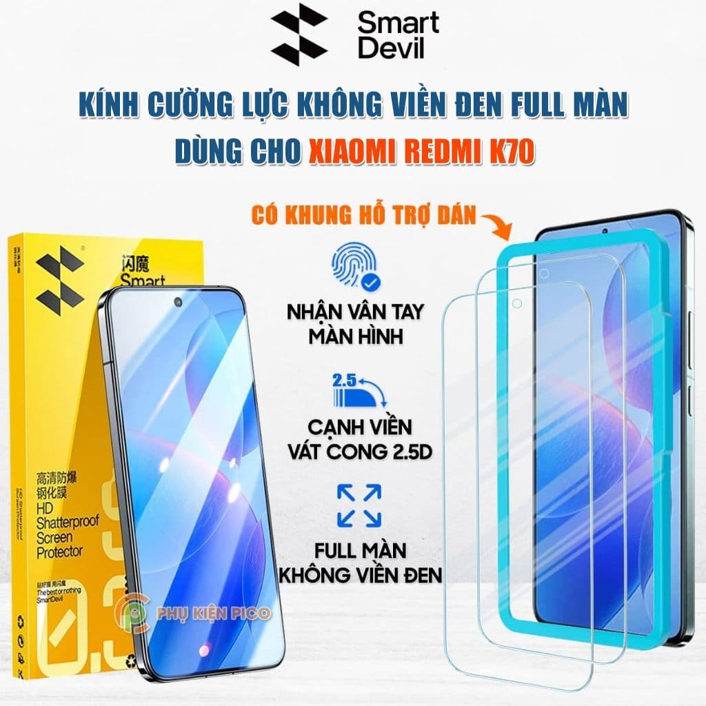 Kính cường lực Xiaomi Redmi K70 trong suốt full màn hình chính hãng Smart Devil