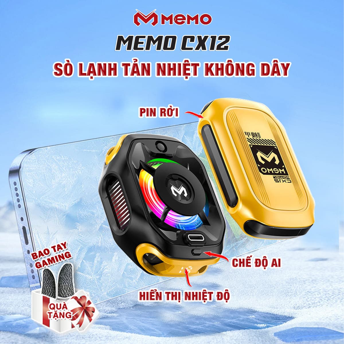 Quạt tản nhiệt điện thoại Memo CX12 sò lạnh không dây từ tính AI Led RGB Gaming thế hệ mới đóng băng full mặt