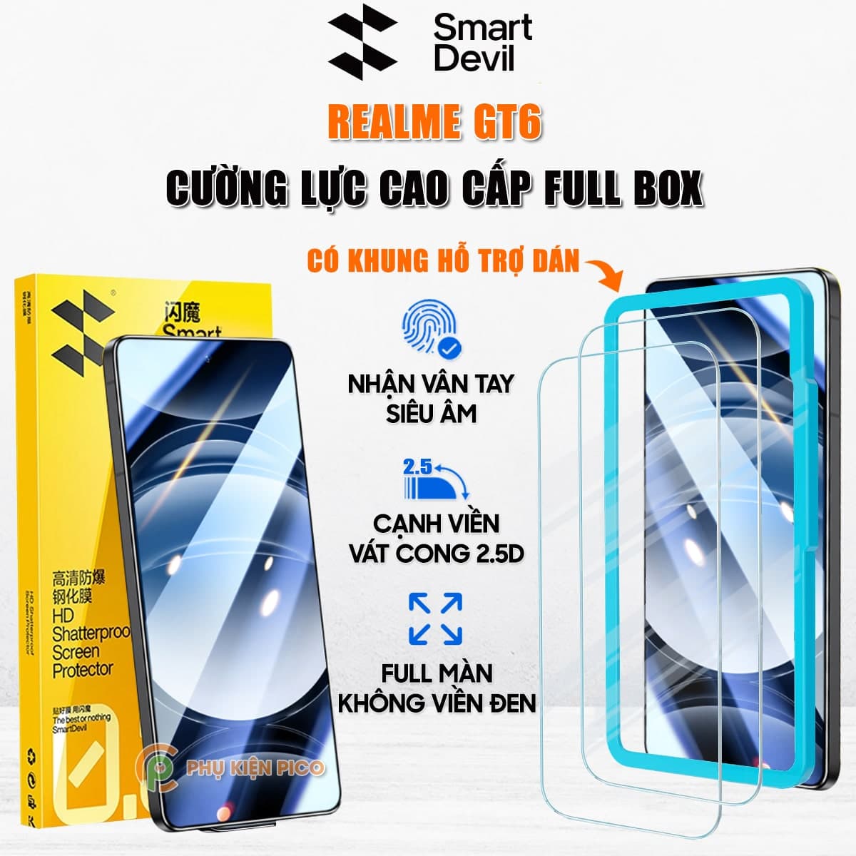 Kính cường lực Realme GT6 trong suốt full màn hình chính hãng Smart Devil
