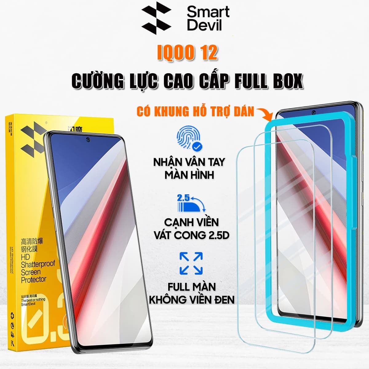 Kính cường lực iQOO 12 trong suốt full màn hình chính hãng Smart Devil