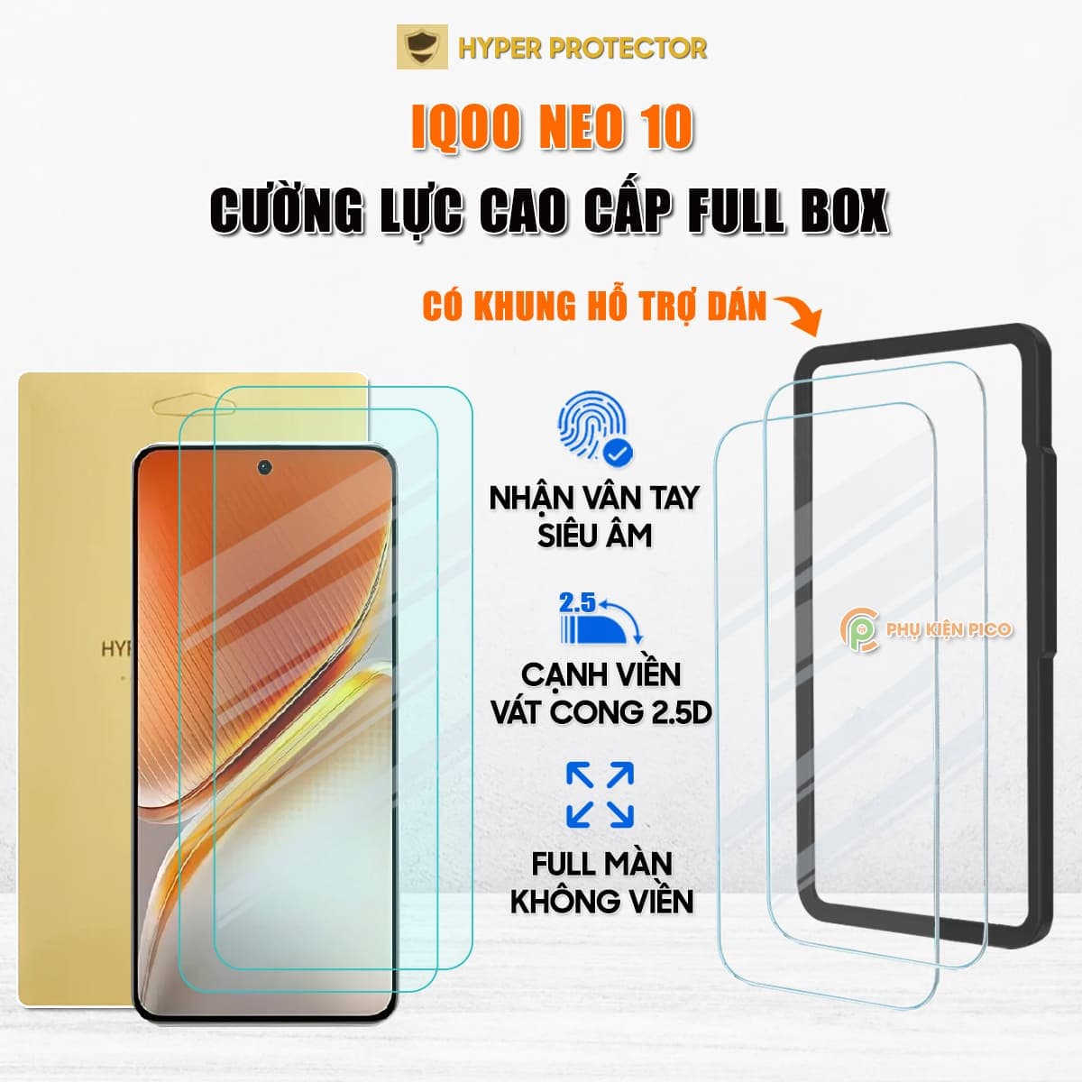Kính cường lực iQOO Neo 10 trong suốt full màn hình không viền nhận vân tay siêu âm chính hãng HYPER+