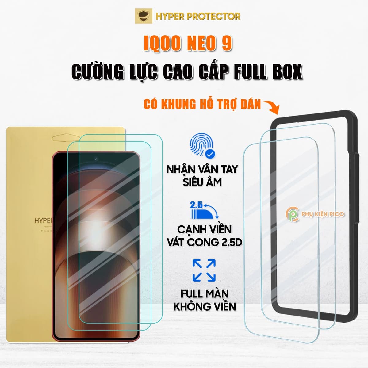 Kính cường lực iQOO Neo 9 trong suốt full màn hình không viền nhận vân tay siêu âm chính hãng HYPER+