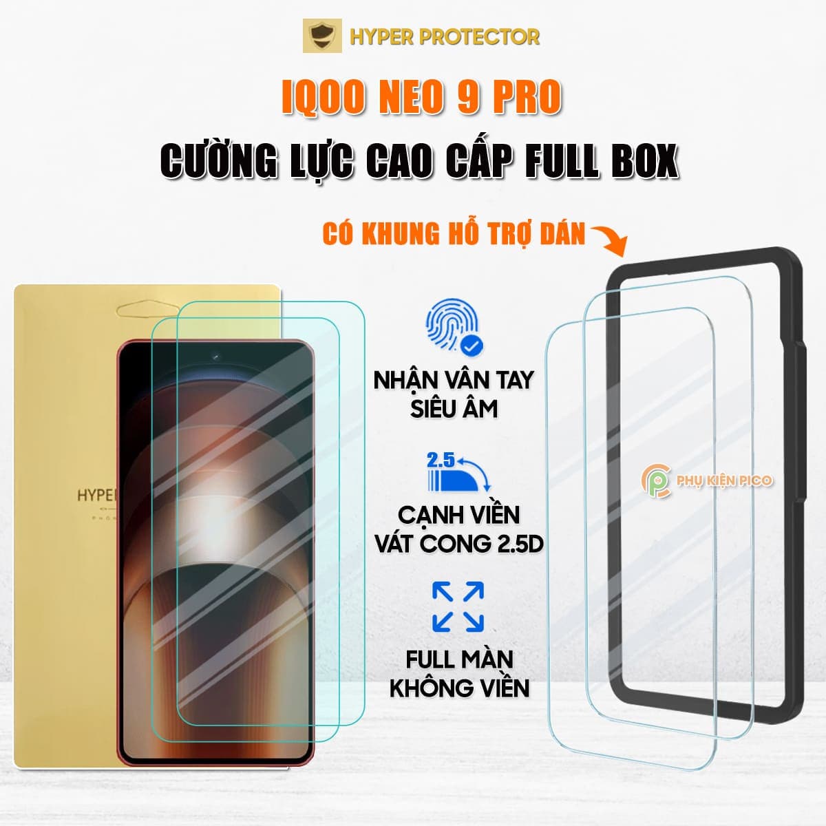 Kính cường lực iQOO Neo 9 Pro trong suốt full màn hình không viền nhận vân tay siêu âm chính hãng HYPER+