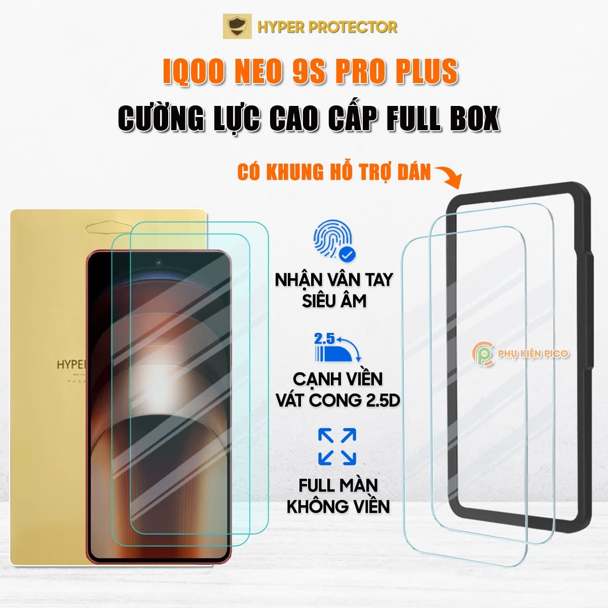 Kính cường lực iQOO Neo 9S Pro Plus trong suốt full màn hình không viền nhận vân tay siêu âm chính hãng HYPER+