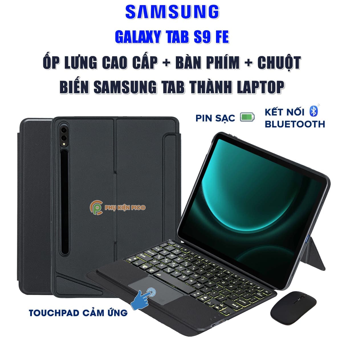Ốp lưng Samsung Galaxy Tab S9 FE bao da cao cấp kèm bàn phím chuột cảm ứng 720 độ tách rời linh hoạt