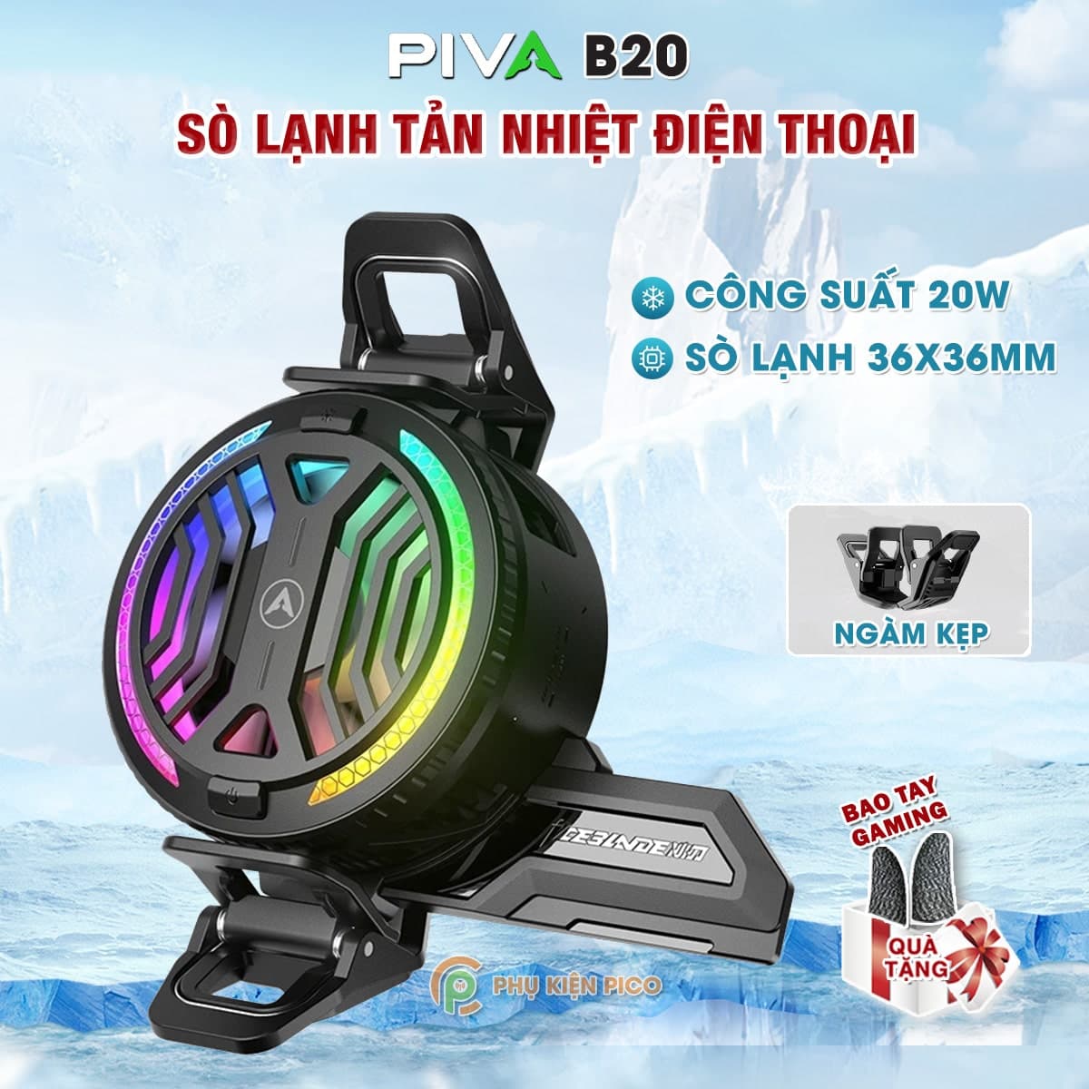 Quạt tản nhiệt điện thoại sò lạnh Piva B20 công suất 20W sò lạnh 36x36mm led RGB Gaming