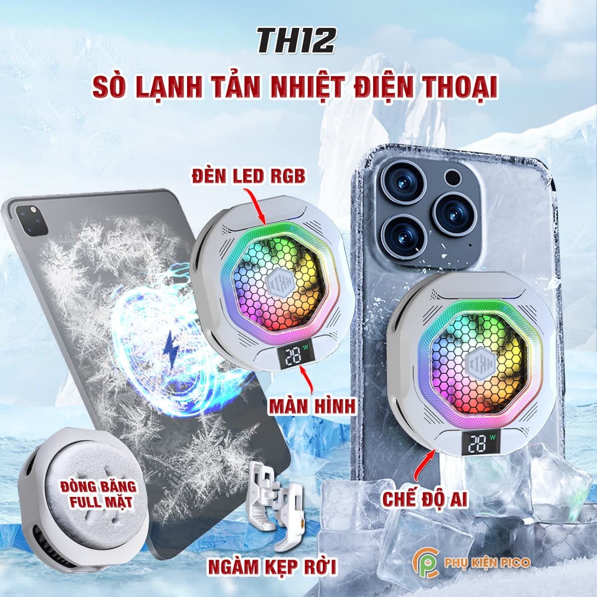 Quạt tản nhiệt điện thoại sò lạnh cao cấp Kiri TH12 kiểm soát nhiệt thông minh AI Led RGB làm lạnh không tụt FPS khi chơi game PUBG