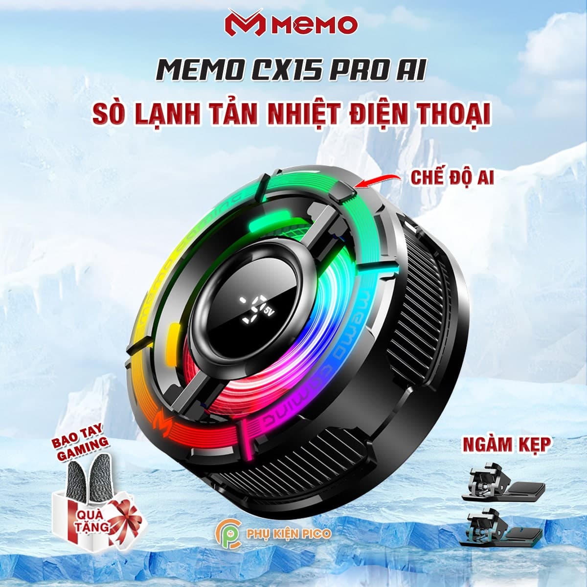 Quạt tản nhiệt điện thoại sò lạnh từ tính Memo CX15 Pro AI RGB Gaming thế hệ mới đóng băng bề mặt