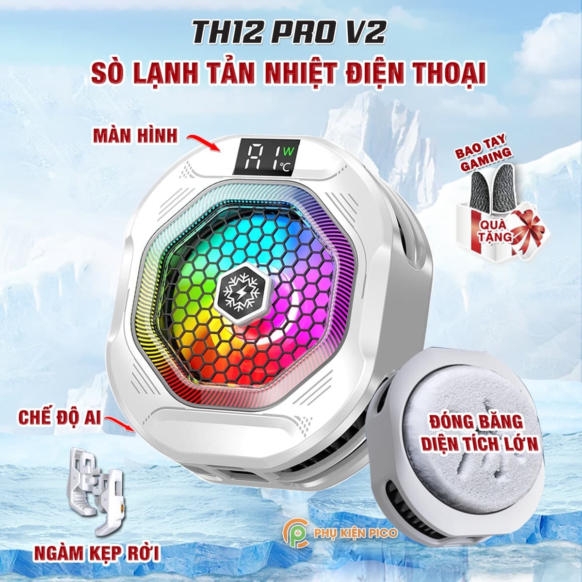 Quạt tản nhiệt điện thoại sò lạnh cao cấp TH12 Pro V2 kiểm soát nhiệt thông minh AI Led RGB làm lạnh không tụt FPS khi chơi game PUBG
