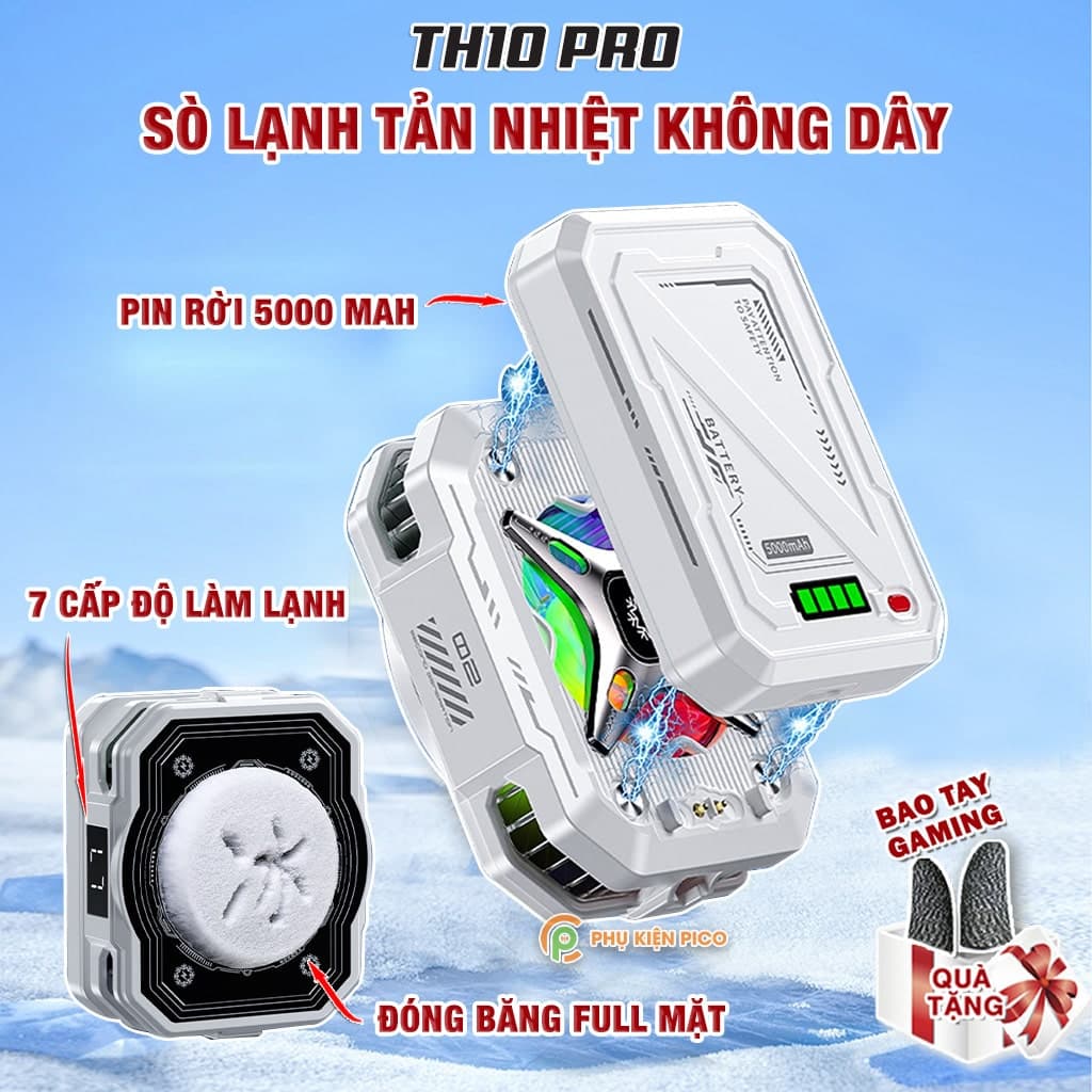 Quạt tản nhiệt điện thoại sò lạnh không dây TH10 Pro pin rời 5000mAh 7 cấp độ làm lạnh Led RGB từ tính có ngàm kẹp đóng băng full mặt