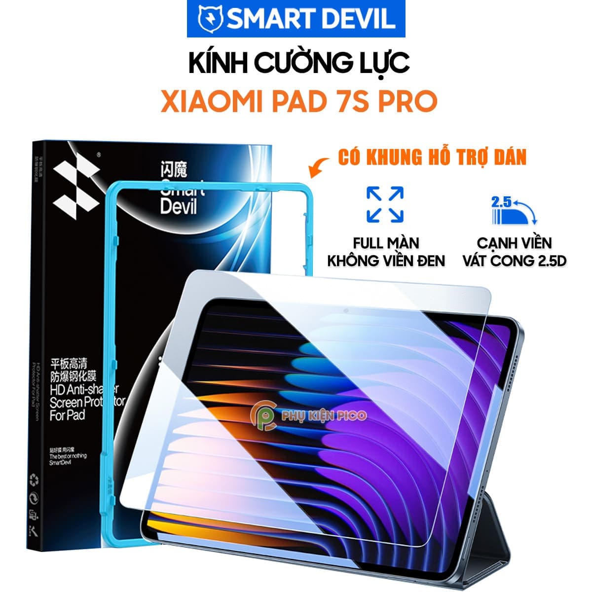 Kính cường lực Xiaomi Pad 7S Pro full màn hình chính hãng Smart Devil có khung hỗ trợ dán