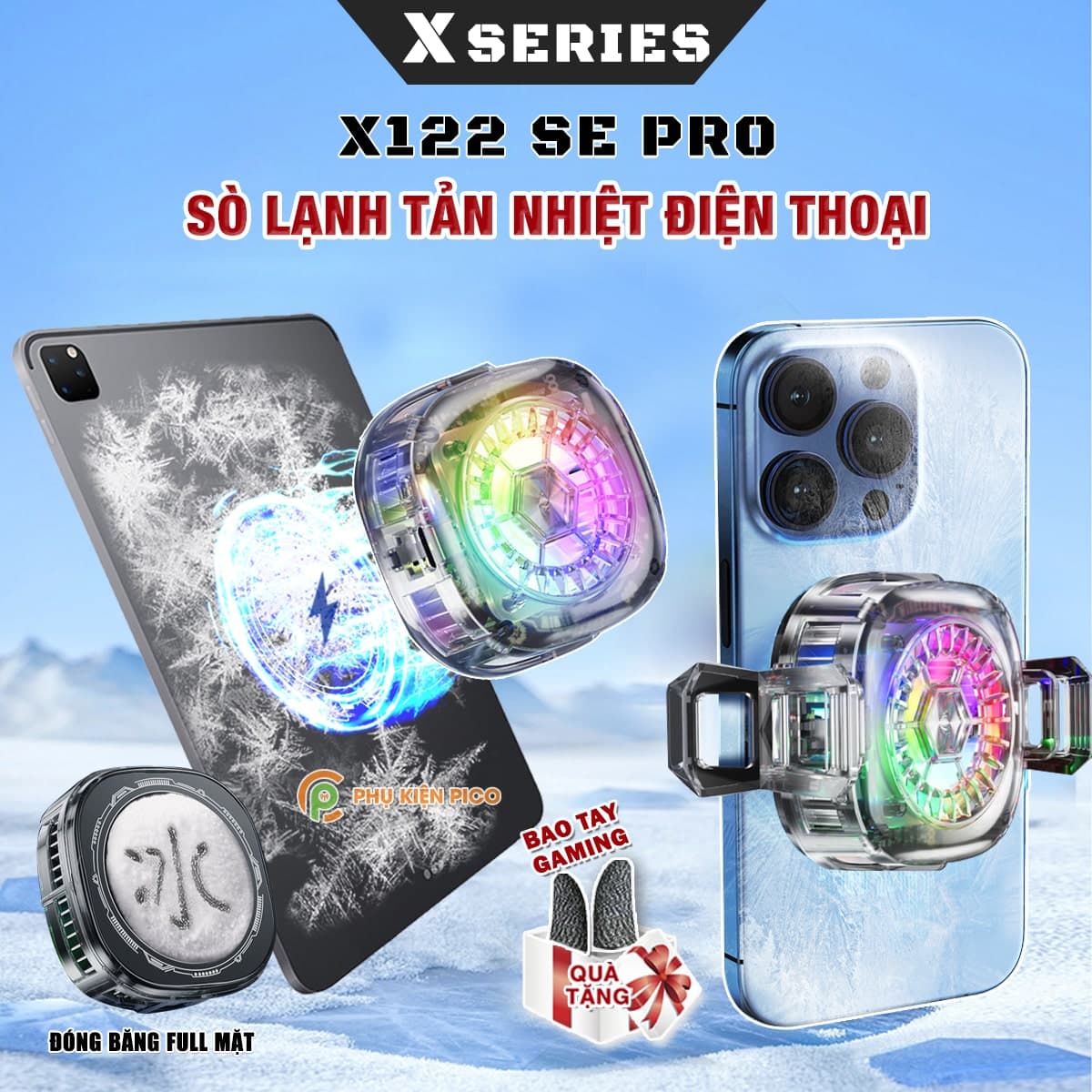 Quạt tản nhiệt điện thoại sò lạnh từ tính có ngàm kẹp rời X122 SE Pro đóng băng full mặt vỏ trong suốt đèn Led RGB