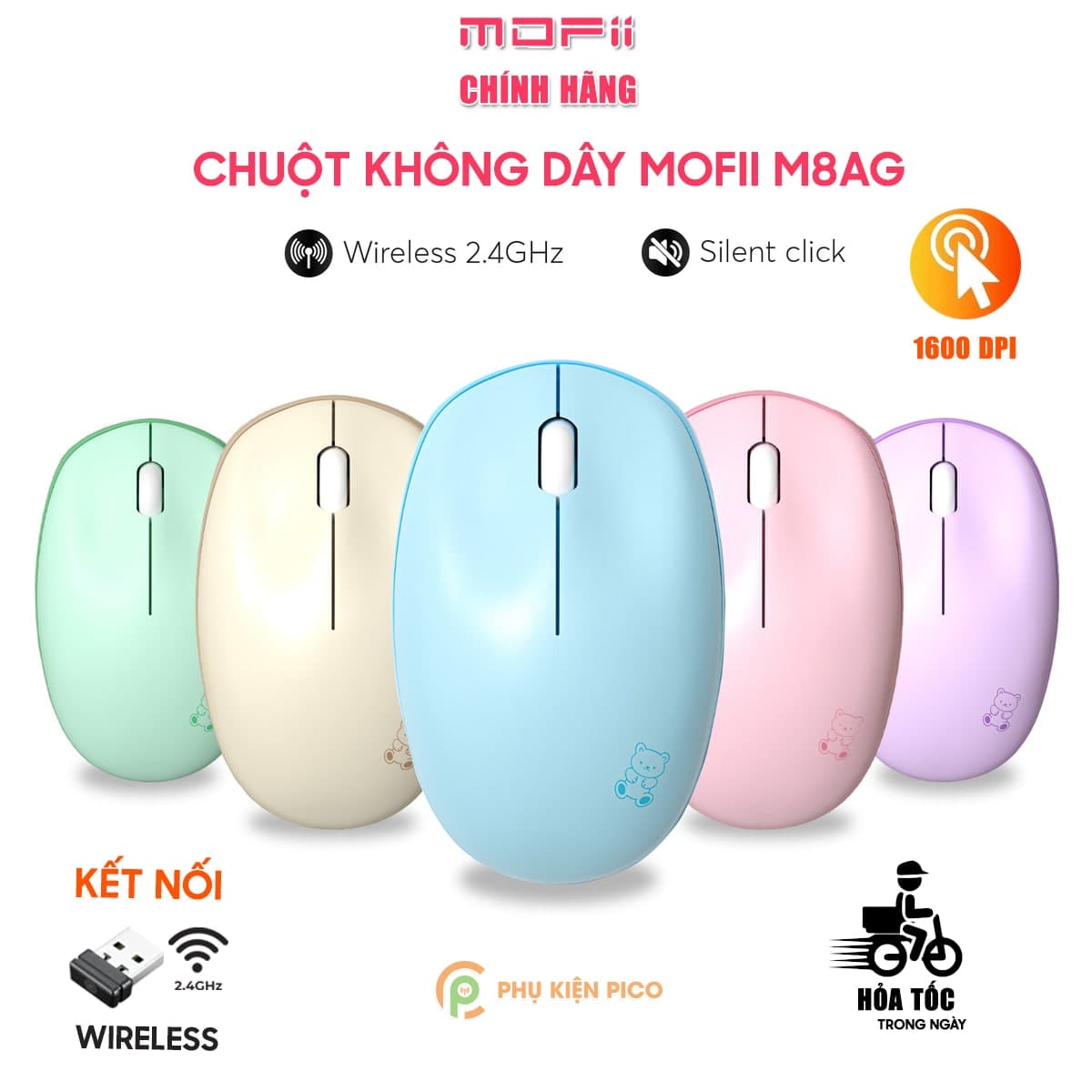 Chuột không dây Mofii M8AG Wireless 2.4G 1600DPI sử dụng cho máy tính, Laptop Chuột hồng dễ thương cute hình gấu