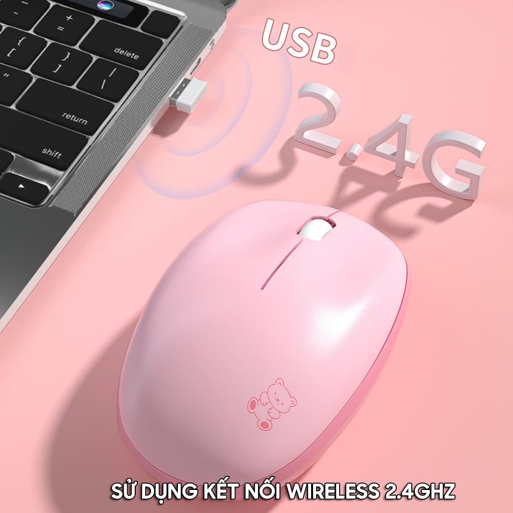Chuột không dây Mofii M8AG Wireless 2.4G 1600DPI sử dụng cho máy tính, Laptop Chuột hồng dễ thương cute hình gấu - 3