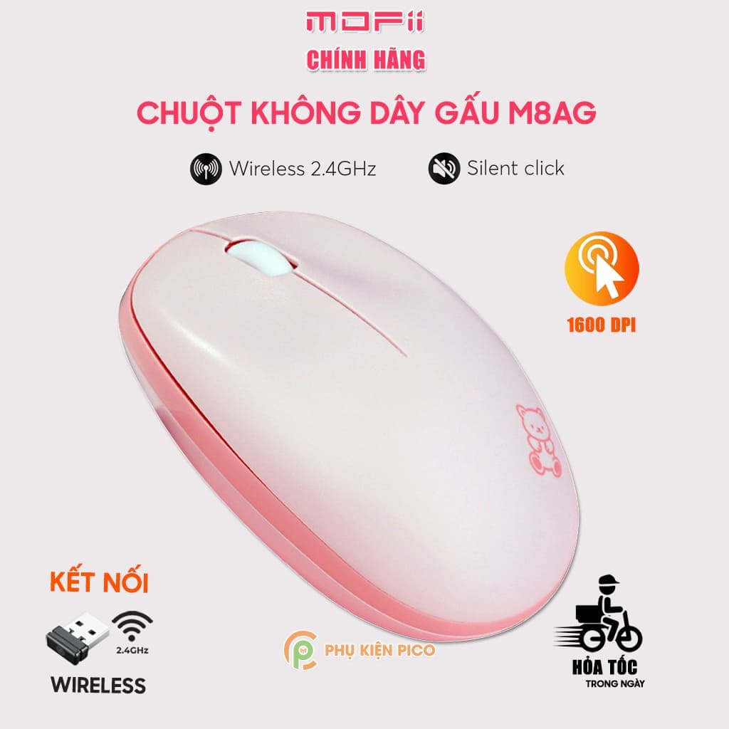 Chuột không dây Mofii M8AG Wireless 2.4G 1600DPI sử dụng cho máy tính, Laptop Chuột hồng dễ thương cute hình gấu