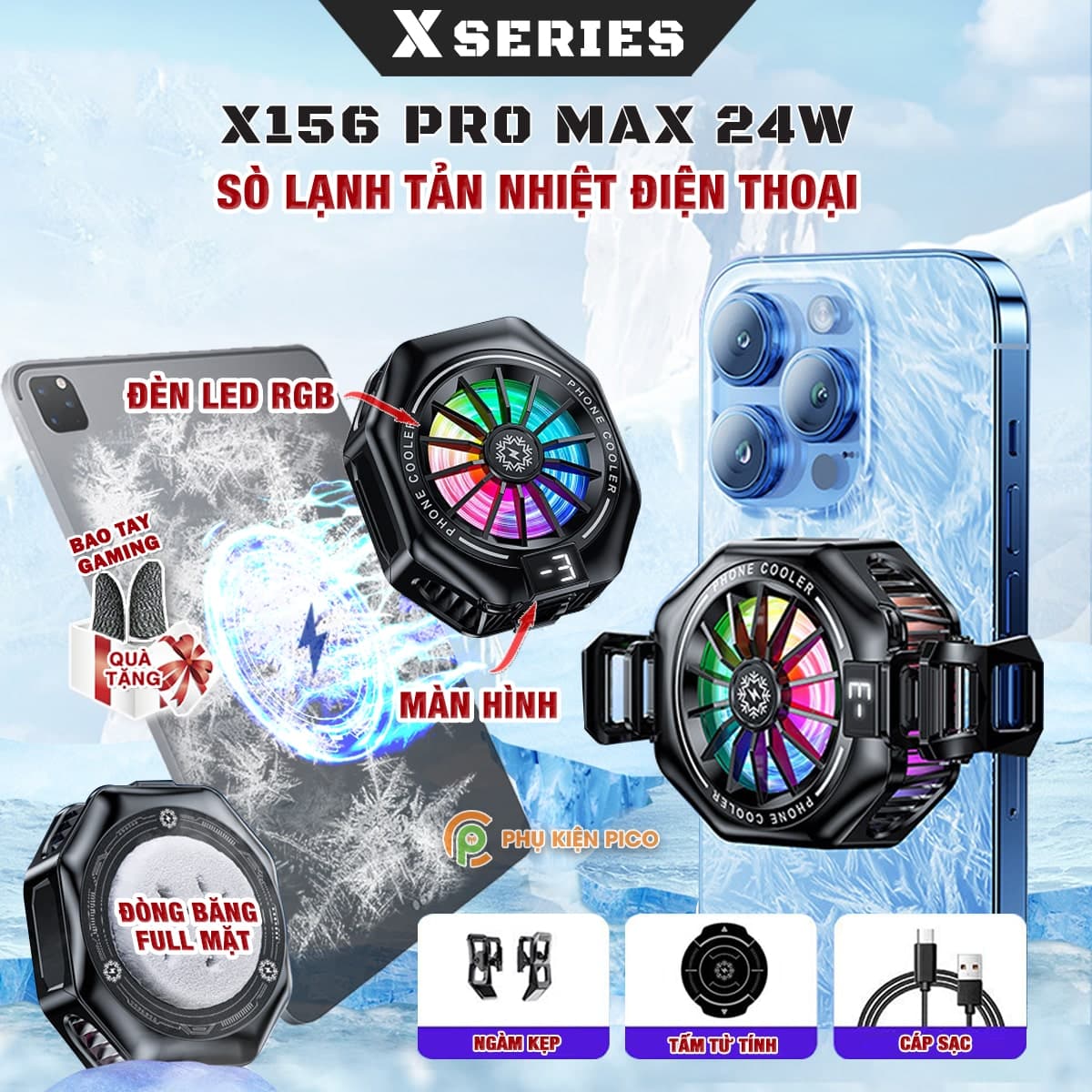 Quạt tản nhiệt điện thoại sò lạnh từ tính có ngàm kẹp rời X156 Pro Max 24W Led RGB Gaming hỗ trợ tăng FPS Game Mobile Liên Quân Pubg FF