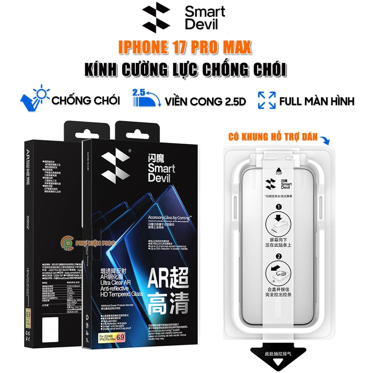 Kính cường lực Iphone 17 Pro Max chống chói AR Anti-Reflection full màn hình nhận vân tay Smart Devil