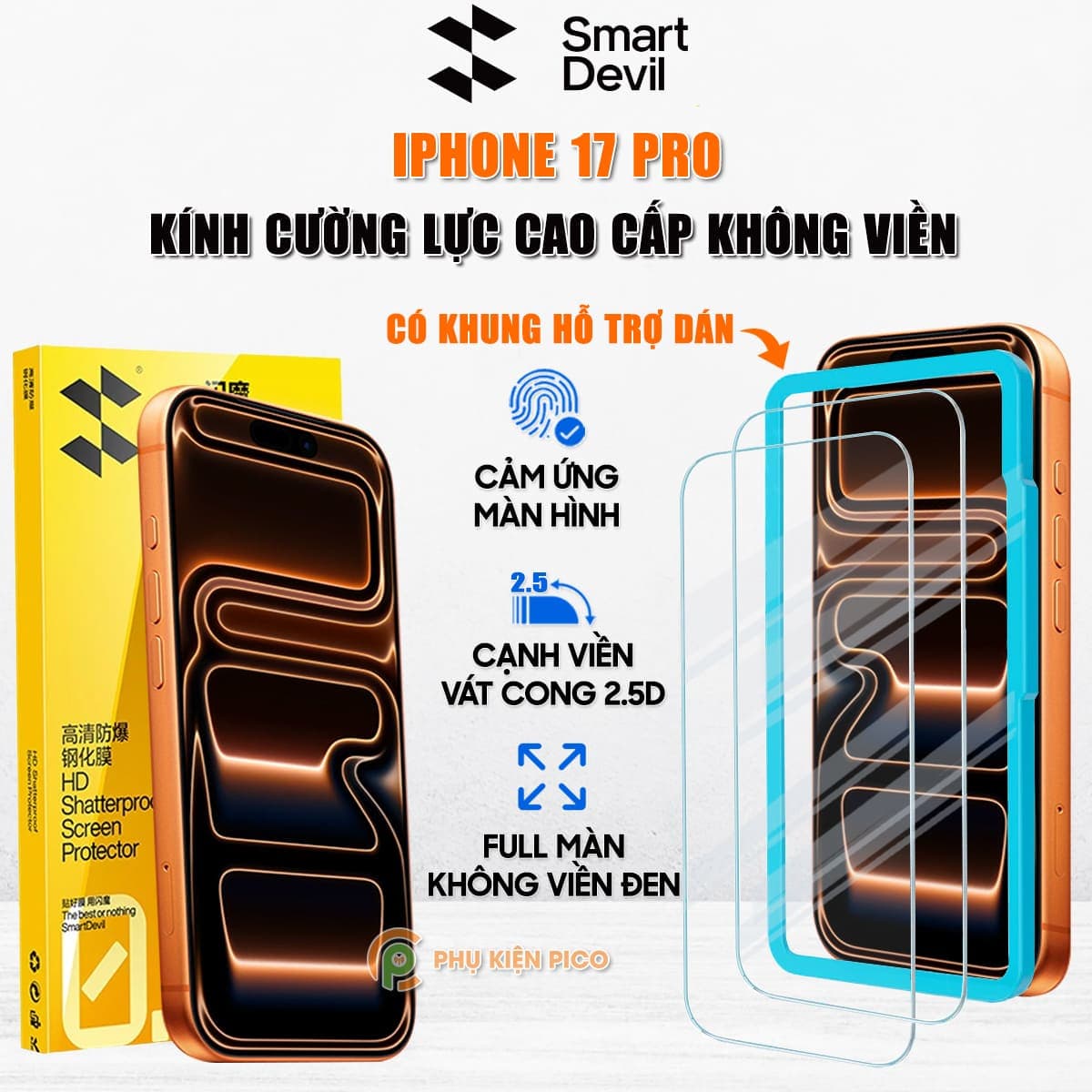 Kính cường lực Iphone 17 Pro trong suốt full màn hình không viền Smart Devil