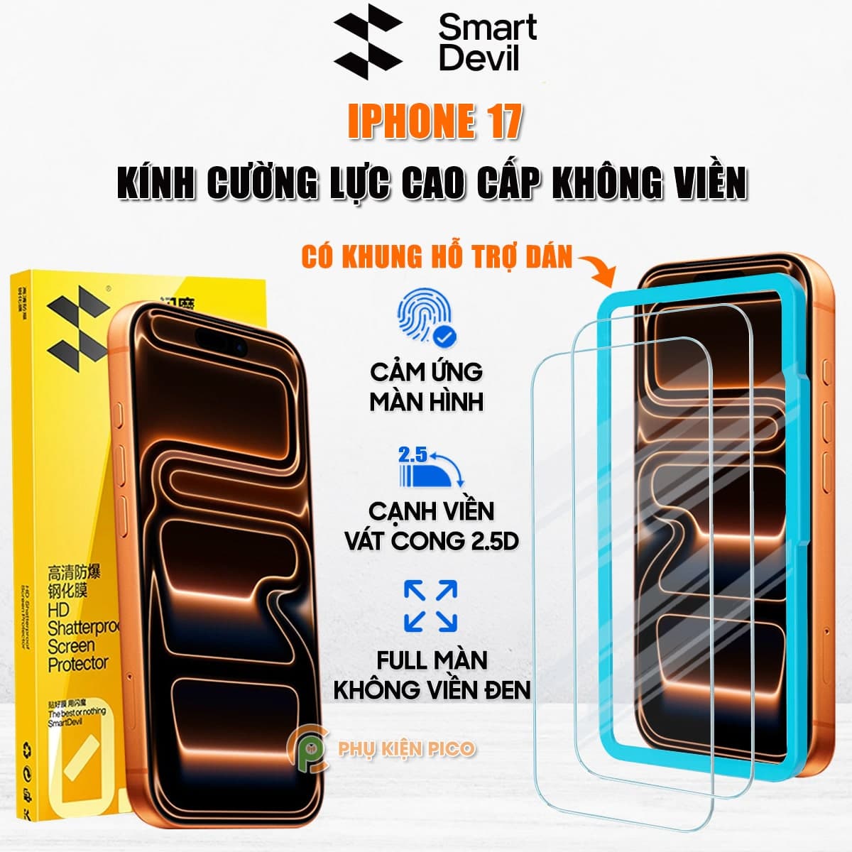 Kính cường lực Iphone 17 trong suốt full màn hình không viền Smart Devil
