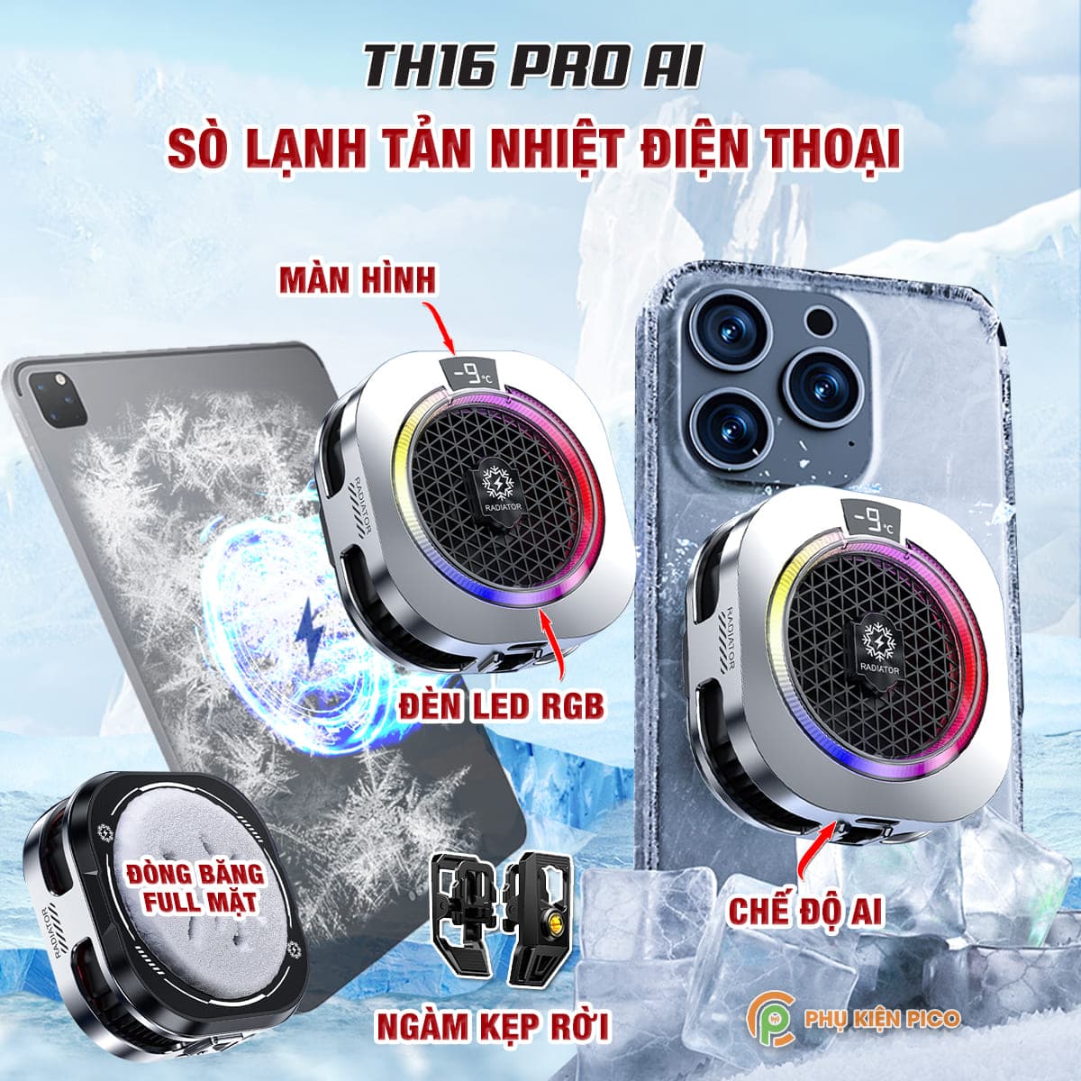 Quạt tản nhiệt điện thoại sò lạnh cao cấp TH16 Pro AI 24W kiểm soát nhiệt thông minh AI Led RGB làm lạnh không tụt FPS khi chơi game PUBG