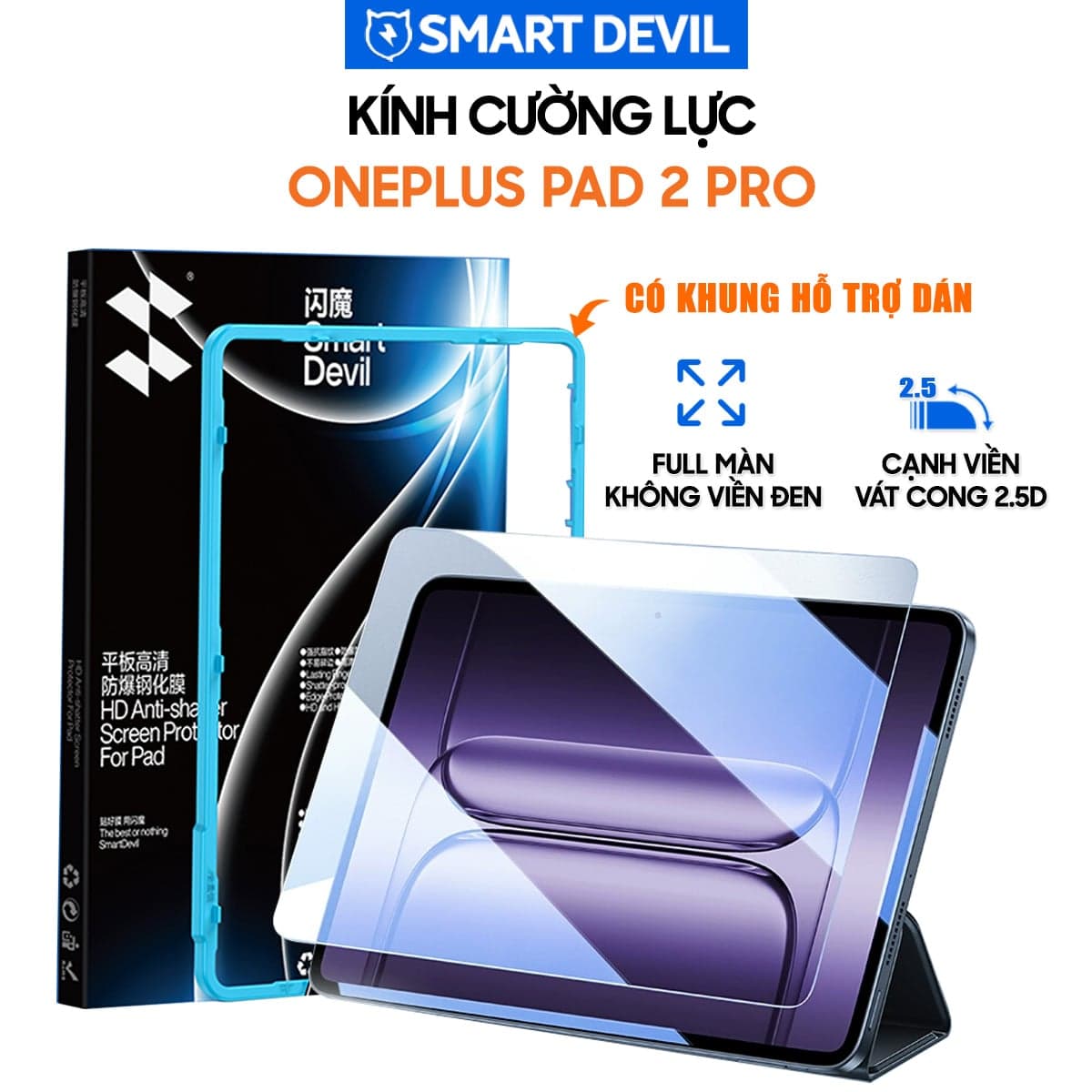 Kính cường lực Oneplus Pad 2 Pro full màn hình chính hãng Smart Devil có khung hỗ trợ dán