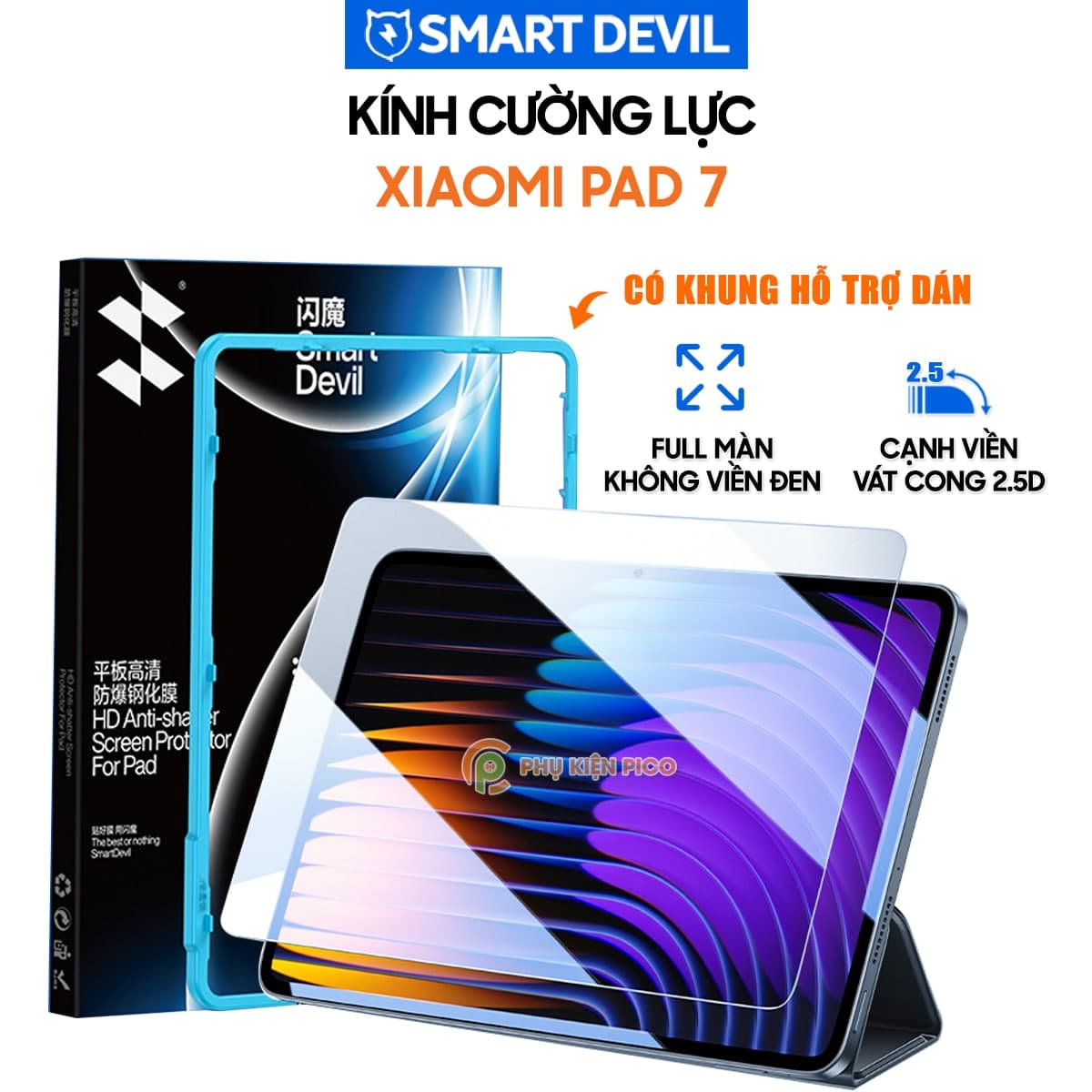 Kính cường lực Xiaomi Pad 7 full màn hình chính hãng Smart Devil có khung hỗ trợ dán