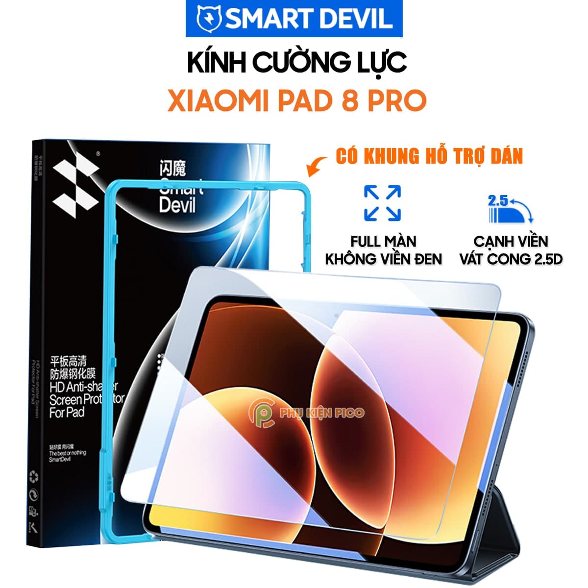 Kính cường lực Xiaomi Pad 8 Pro full màn hình chính hãng Smart Devil có khung hỗ trợ dán
