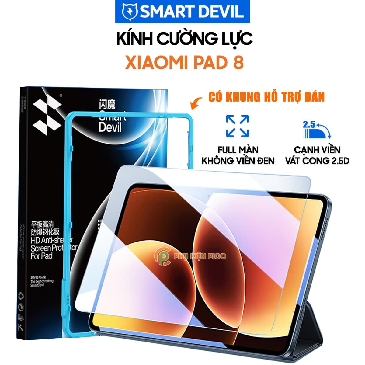 Kính cường lực Xiaomi Pad 8 full màn hình chính hãng Smart Devil có khung hỗ trợ dán