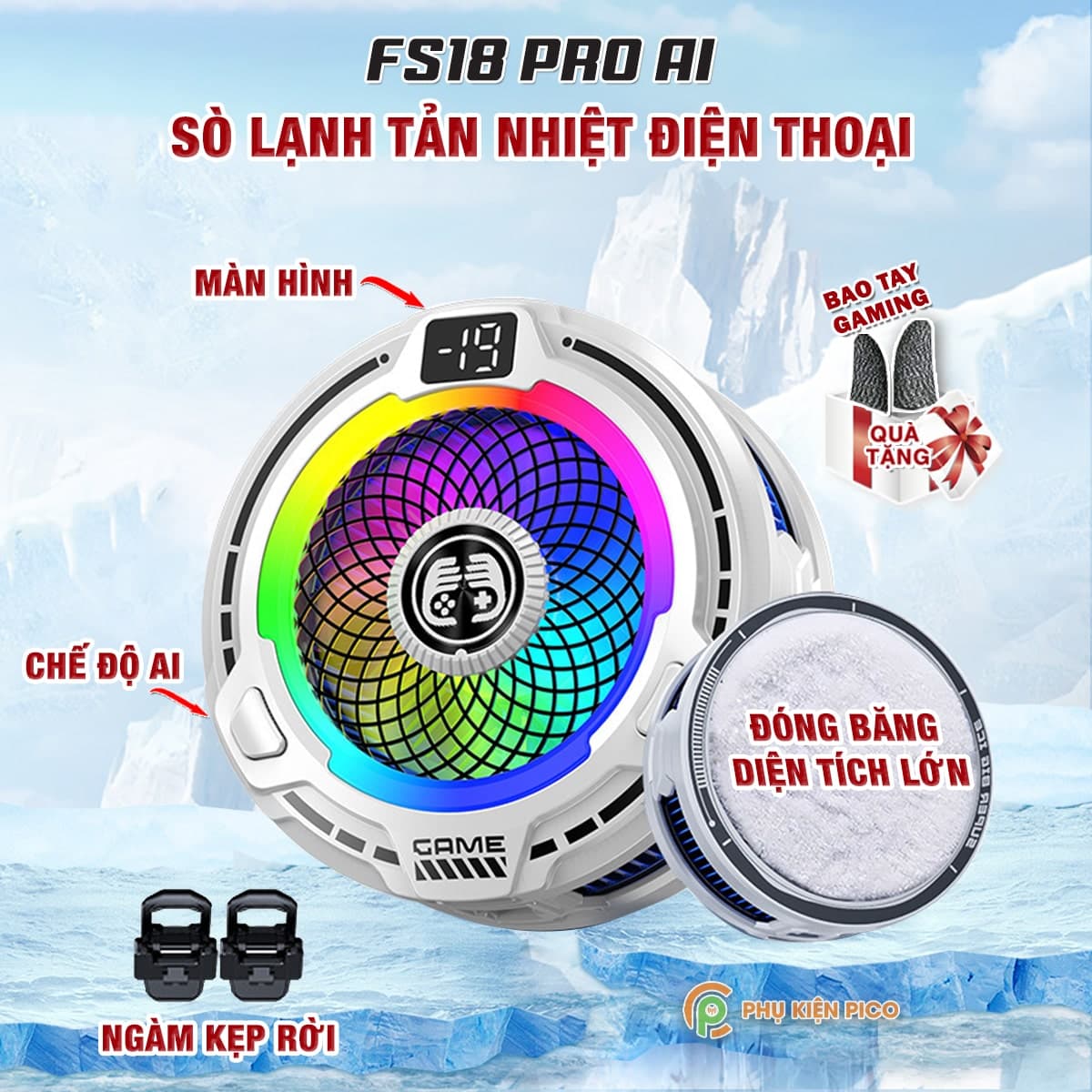 Quạt sò lạnh tản nhiệt điện thoại cao cấp FS18 Pro AI 30W kiểm soát nhiệt thông minh AI Led RGB làm lạnh không tụt FPS khi chơi game PUBG