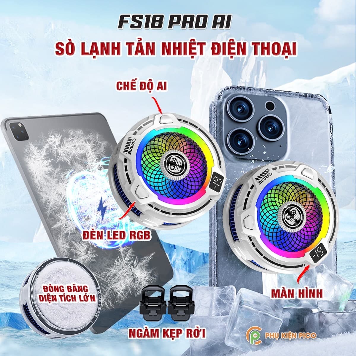 Quạt sò lạnh tản nhiệt điện thoại cao cấp FS18 Pro AI 30W kiểm soát nhiệt thông minh AI Led RGB làm lạnh không tụt FPS khi chơi game PUBG