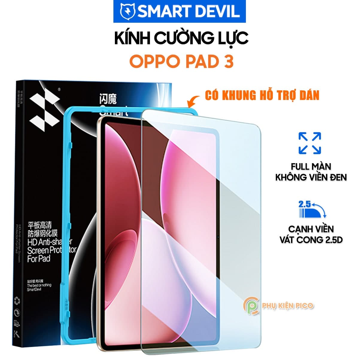 Kính cường lực Oppo Pad 3 full màn hình chính hãng Smart Devil có khung hỗ trợ dán