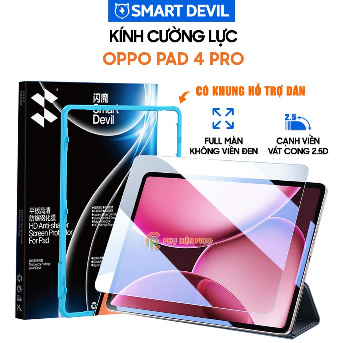 Kính cường lực Oppo Pad 4 Pro full màn hình chính hãng Smart Devil có khung hỗ trợ dán