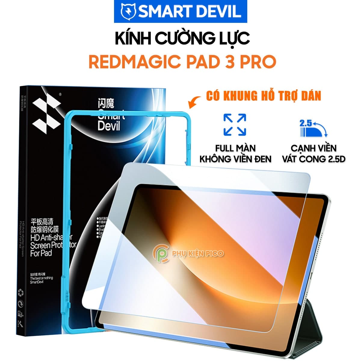 Kính cường lực Redmagic Pad 3 Pro full màn hình chính hãng Smart Devil có khung hỗ trợ dán