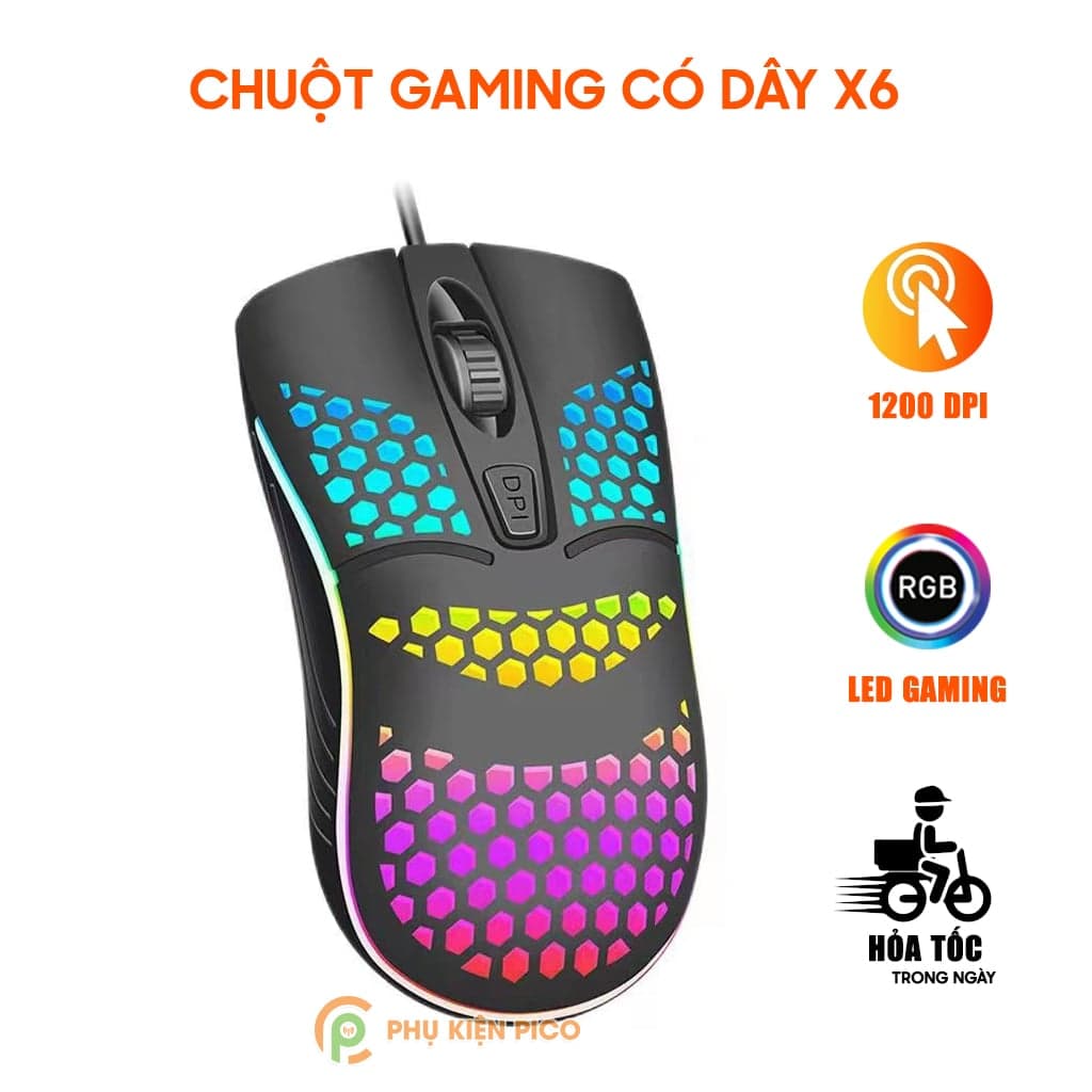 Chuột có dây Gaming X6 1200 DPI USB Led RGB đục lỗ chuột máy tính văn phòng chơi game giá rẻ