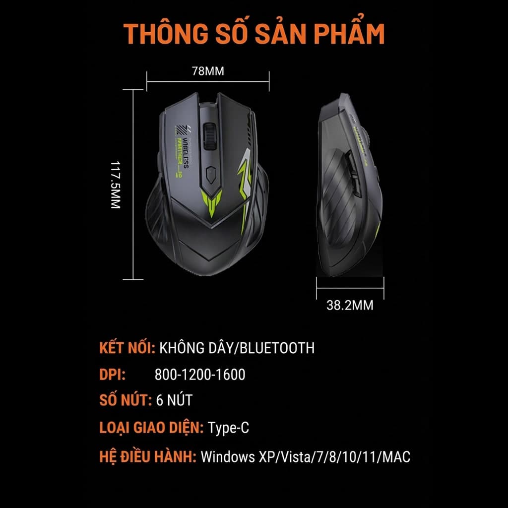 Chuột không dây Bluetooth Wireless 2.4G Z5 Gaming pin sạc 500mAh 6 nút bấm dùng chơi game làm việc máy tính văn phòng - 9