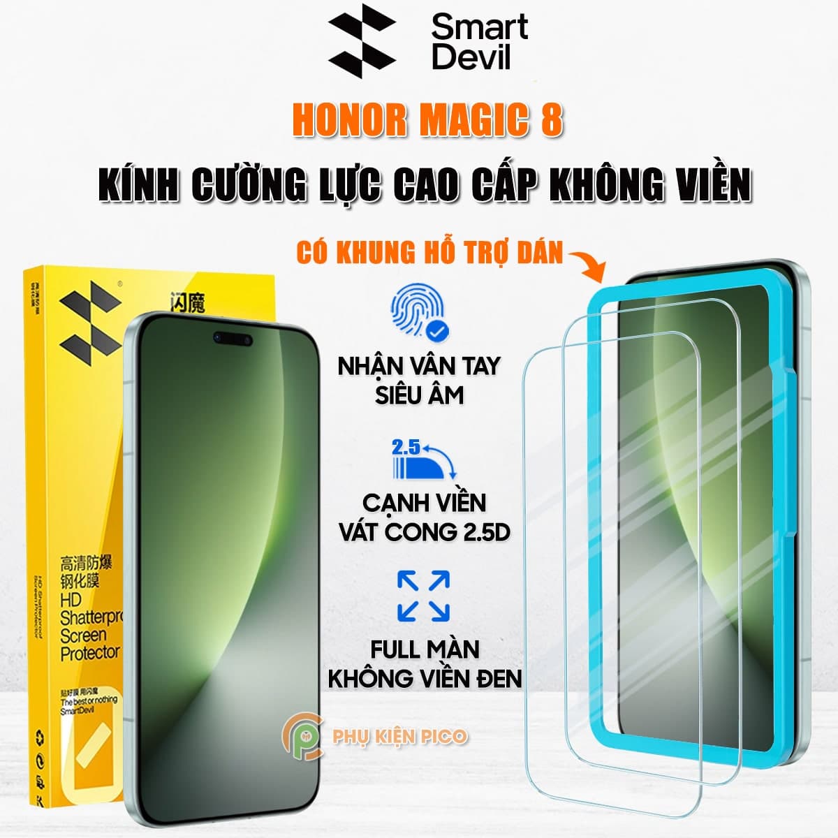 Kính cường lực Honor Magic 8 trong suốt full màn hình hãng Smart Devil có khung hỗ trợ dán