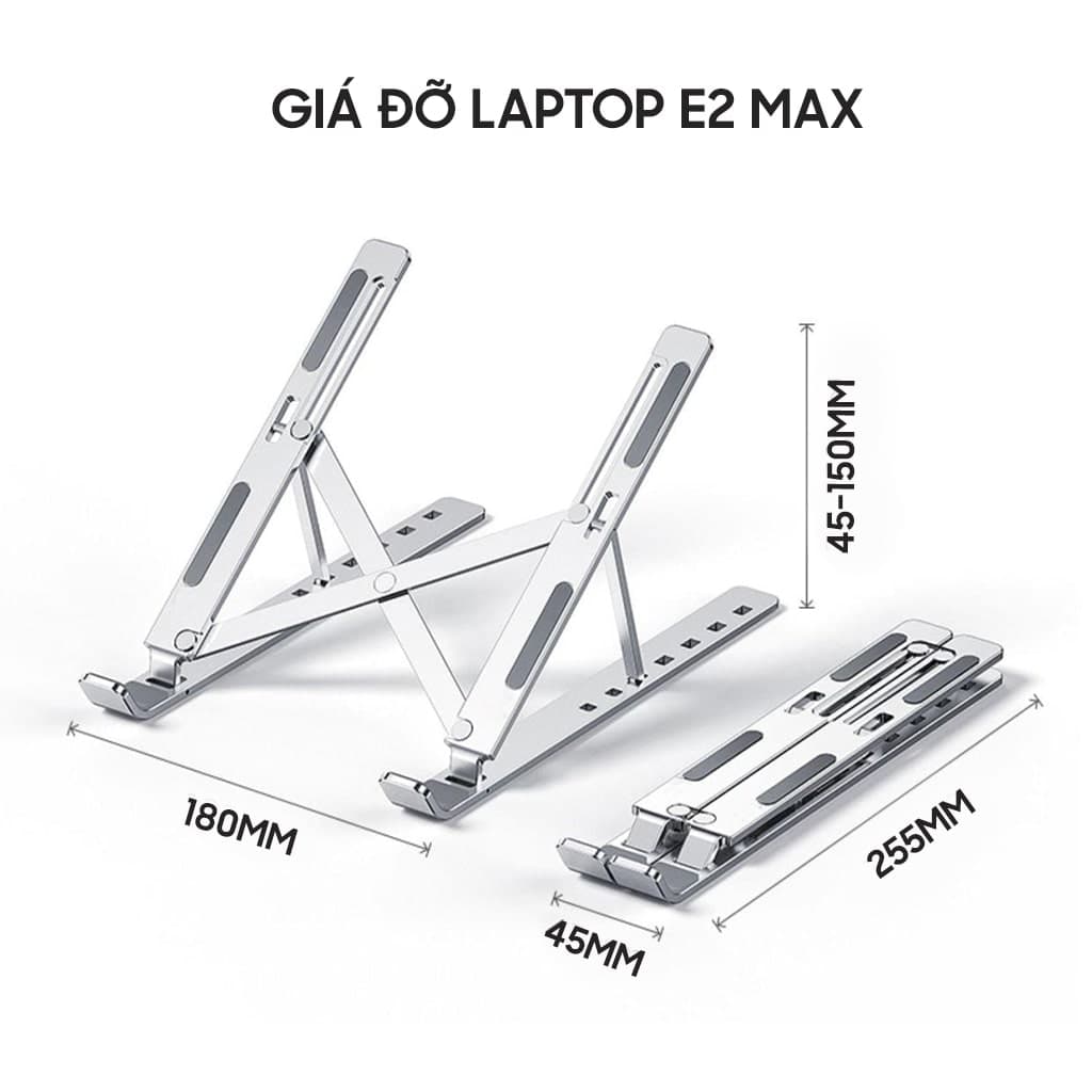Giá đỡ tản nhiệt laptop Ipad E2 Max hợp kim nhôm cao cấp gấp gọn đế tản nhiệt 7 nấc điều chỉnh độ cao màu bạc - 11