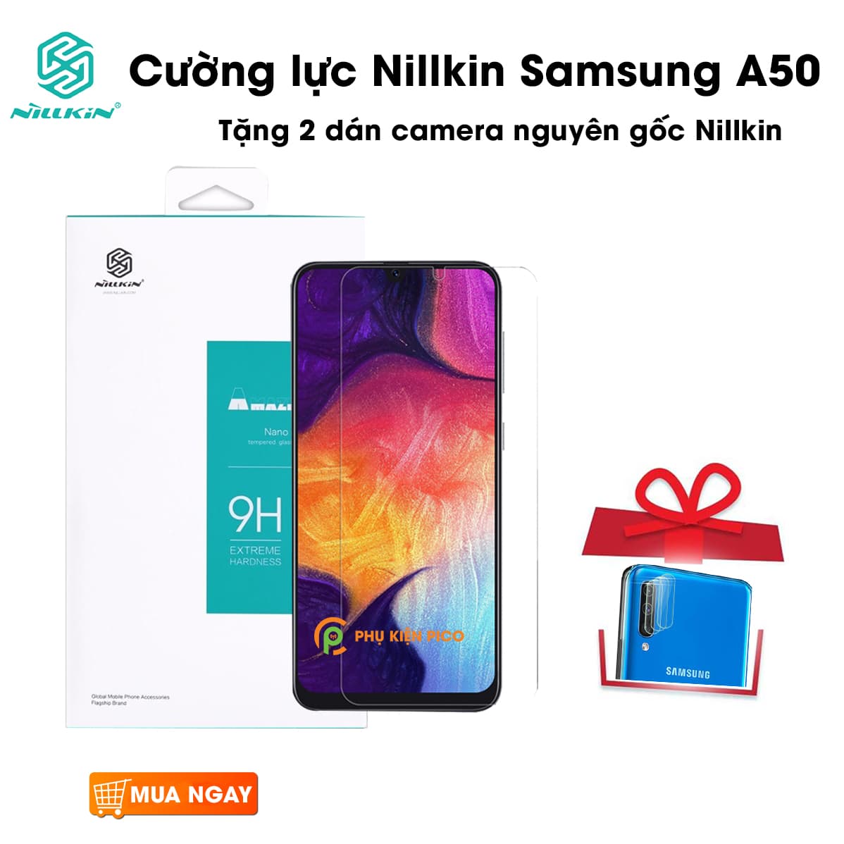 Miếng dán kính cường lực Samsung Galaxy A50 trong suốt Nillkin Amazing H hàng nguyên tem
