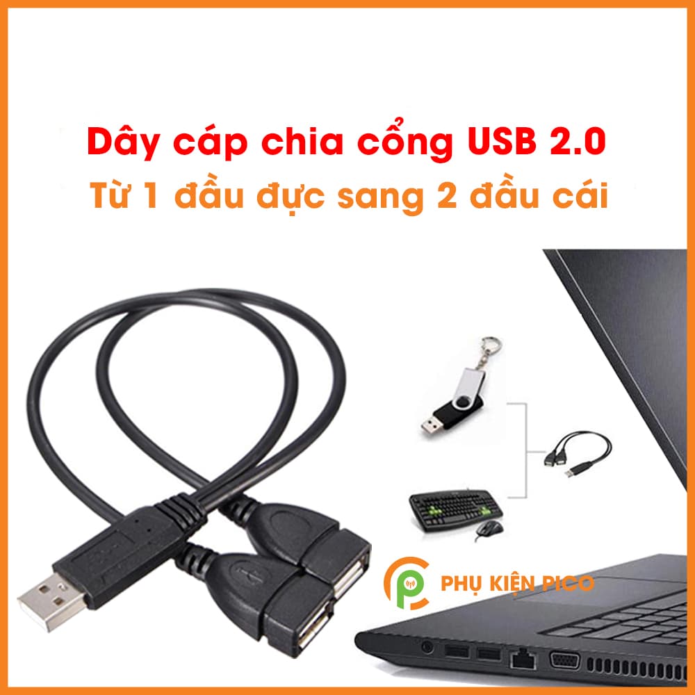Dây cáp chia cổng USB 2.0 từ 1 đầu đực sang 2 đầu cái cho laptop điện thoại