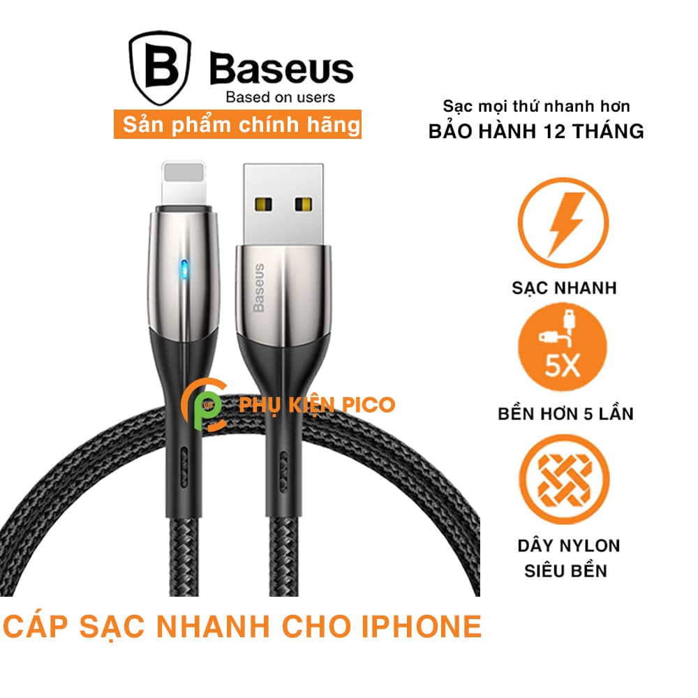 Cáp sạc Baseus Horizontal Data Lightning cho iPhone/ iPad sạc nhanh 2.4A truyền dữ liệu 480Mbps đèn LED báo