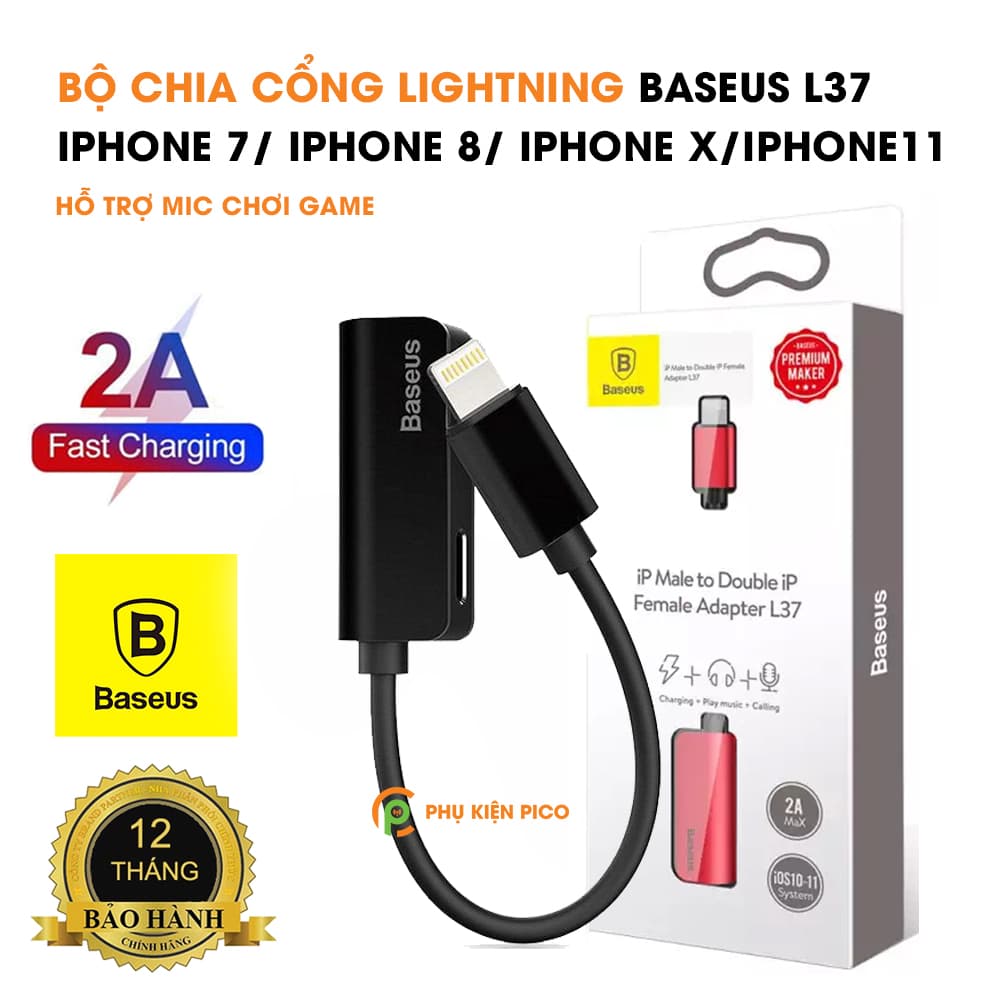 Bộ chia cổng Lightning 1 thành 2 Baseus L37 cho iPhone Ipad giải pháp vừa nghe nhạc vừa sạc pin hoặc Sync Data