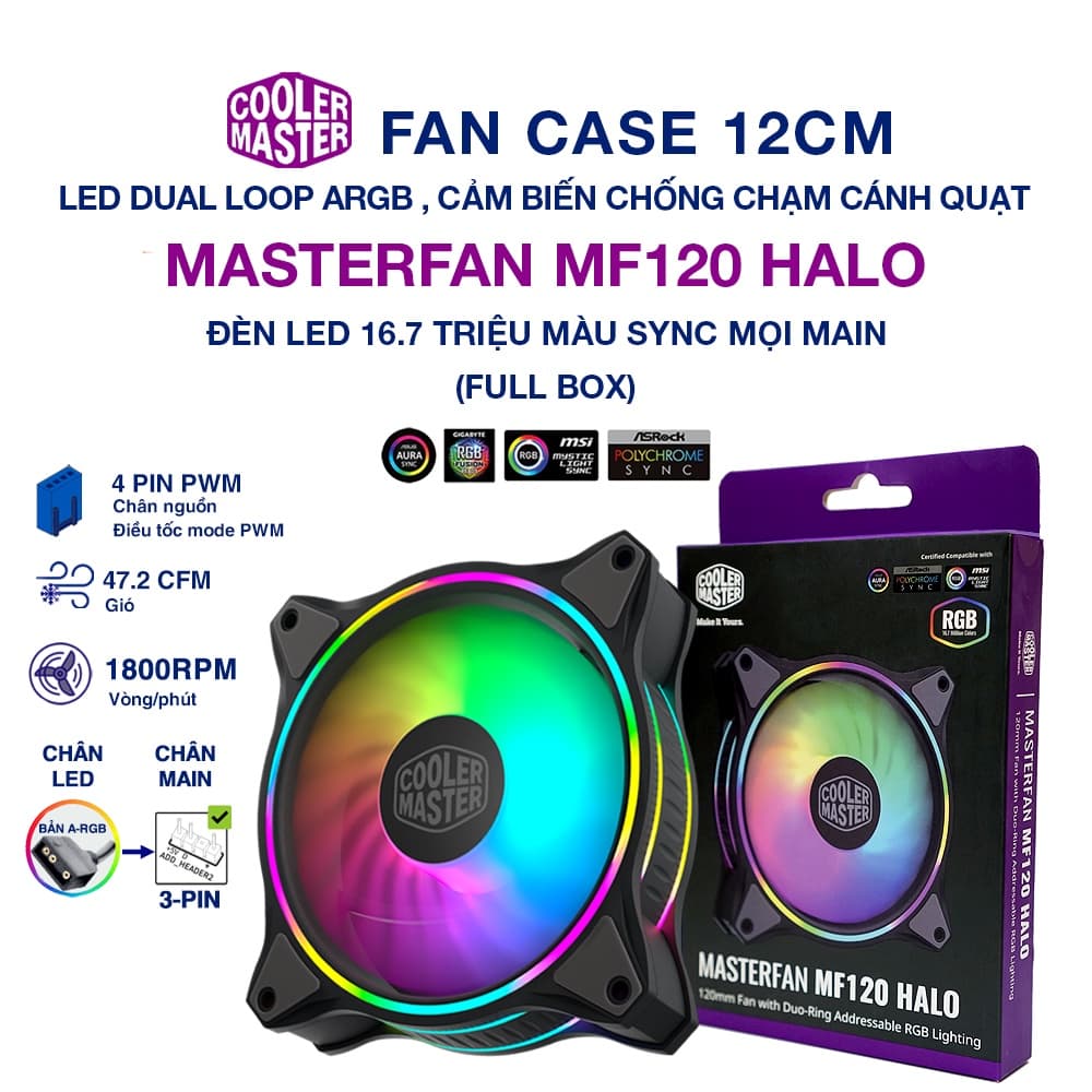 Quạt tản nhiệt case máy tính Cooler Master MasterFan MF120 HALO - LED Rainbow ARGB 2 vòng ring